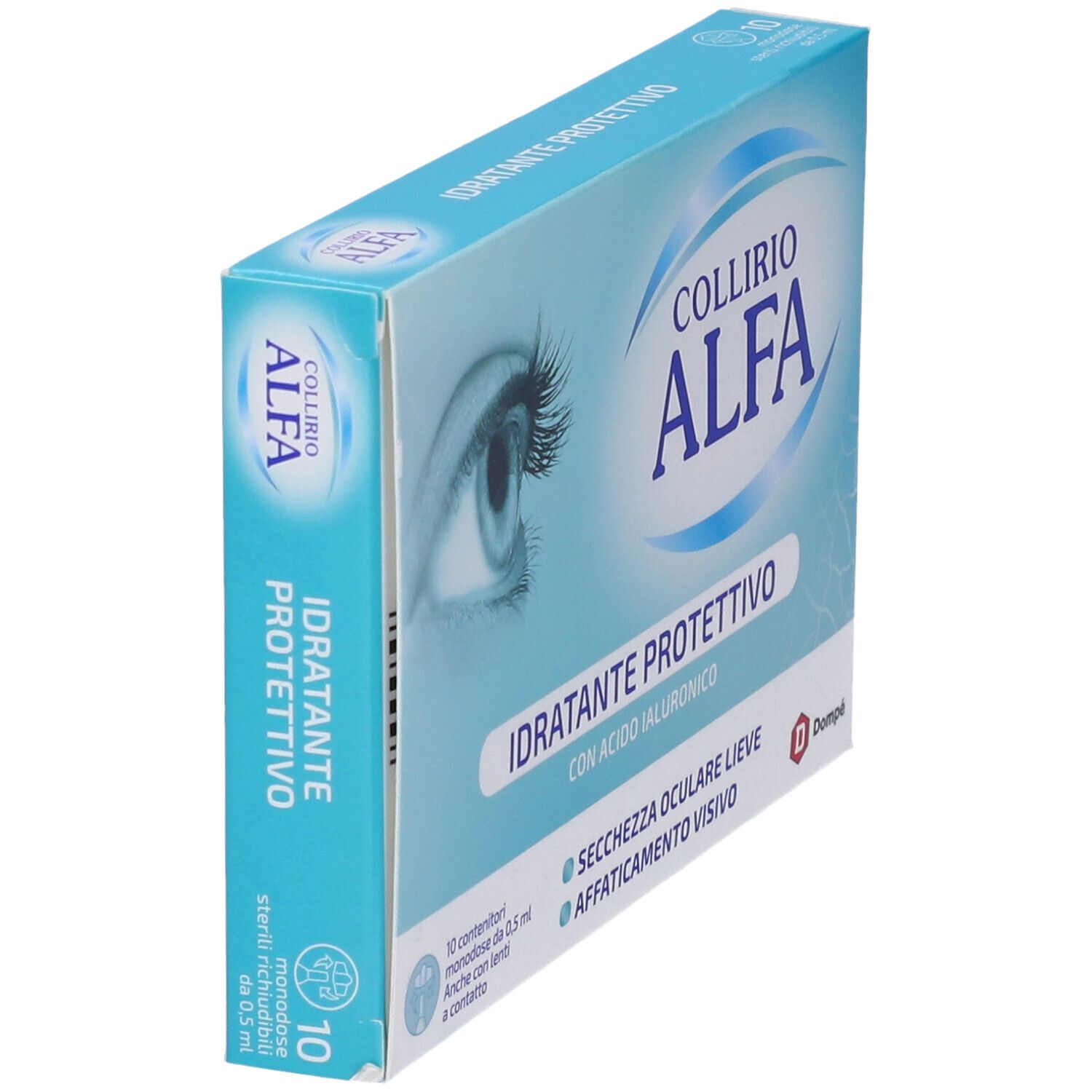 Collirio Alfa Idratante Protettivo Augentropfen-Packung mit 10 Einzeldosen, Seitenansicht.