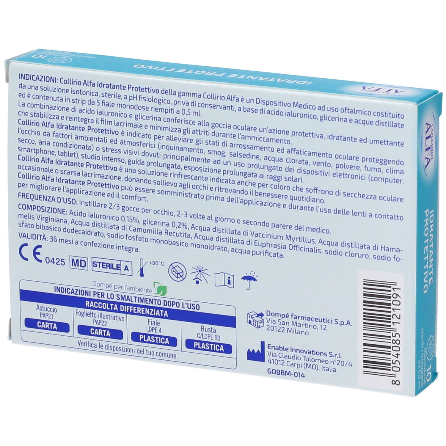 Collirio Alfa Idratante Protettivo Augentropfen-Packung mit 10 Einzeldosen, Vorderansicht.