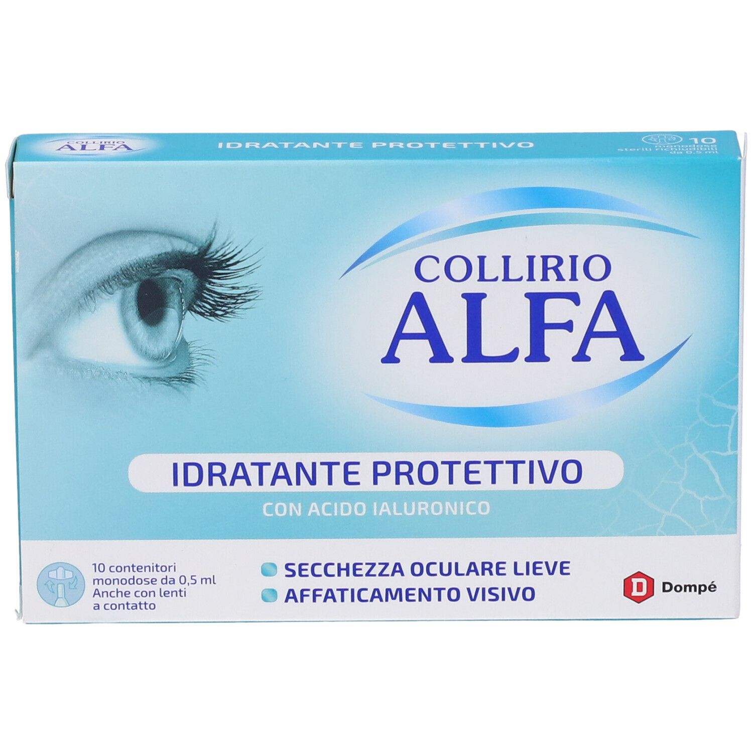 Collirio Alfa Idratante Protettivo Augentropfen-Packung mit 10 Einzeldosen, schräg.
