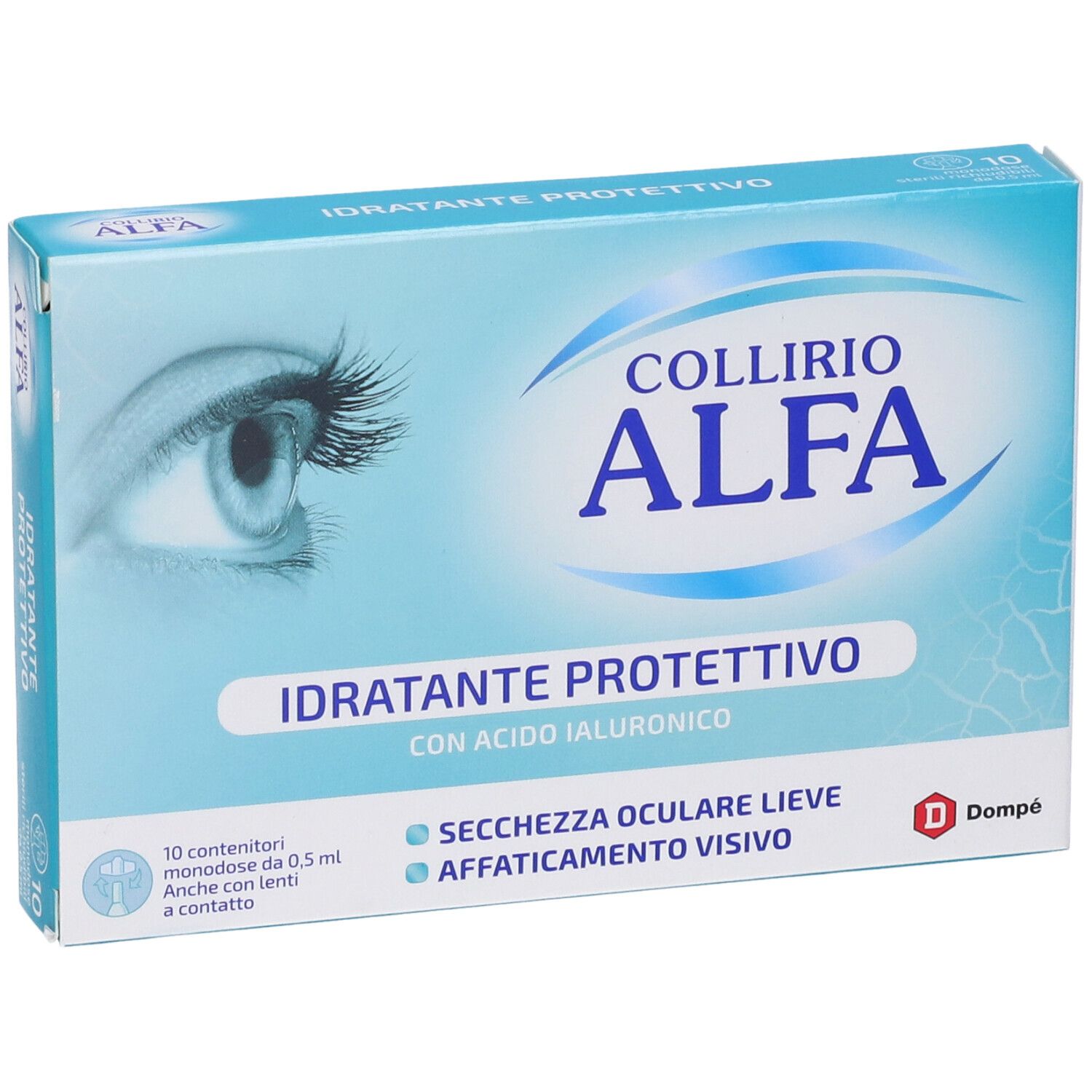 Collirio Alfa Idratante Protettivo Augentropfen-Packung mit 10 Einzeldosen, schräg.
