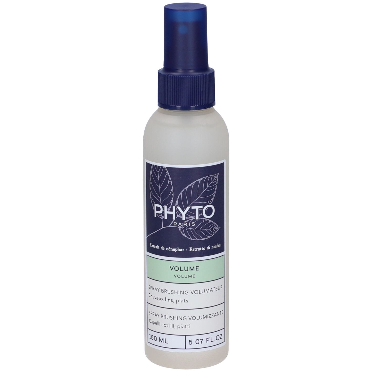 Flacone spray con erogatore blu. Scritta: PHYT, VOLUME, Spray brushing volumateur. 150 ml.