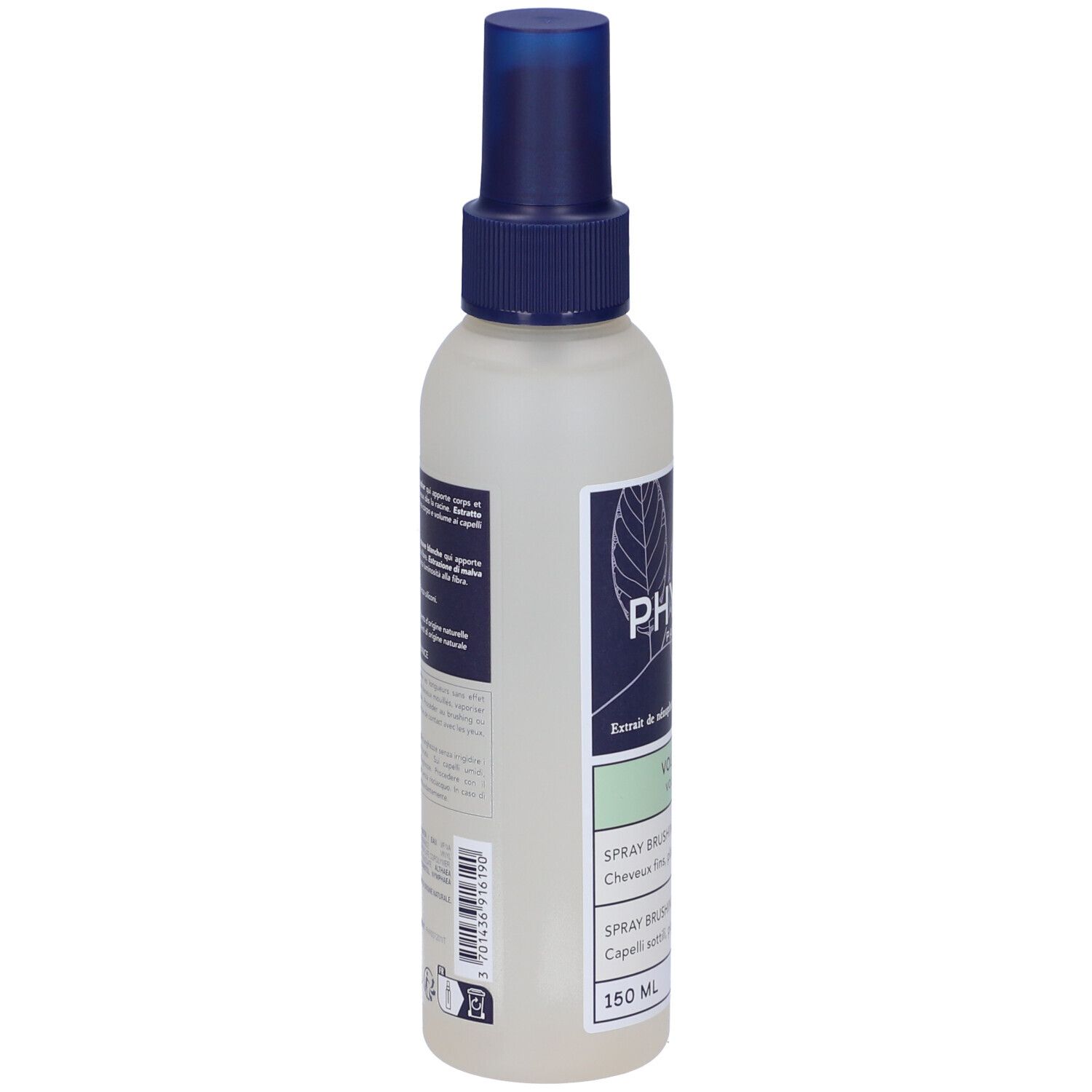 Flacone spray, vista laterale. Scritta: PHYT, VOLUME, Spray brushing volumateur. Etichetta con informazioni.