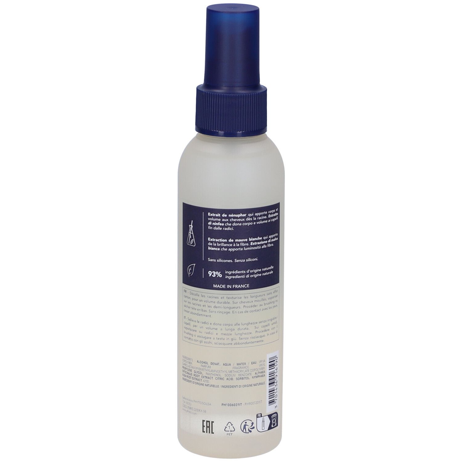 Retro del flacone spray. Scritta: PHYT, VOLUME, ingredienti, 92% ingredienti di origine naturale, Made in France.