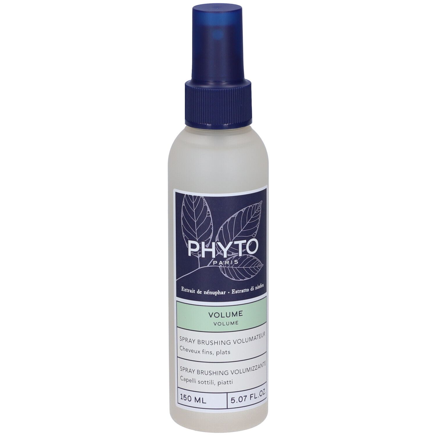 Flacone spray con erogatore blu. Scritta: PHYT, VOLUME, Spray brushing volumateur. 150 ml.