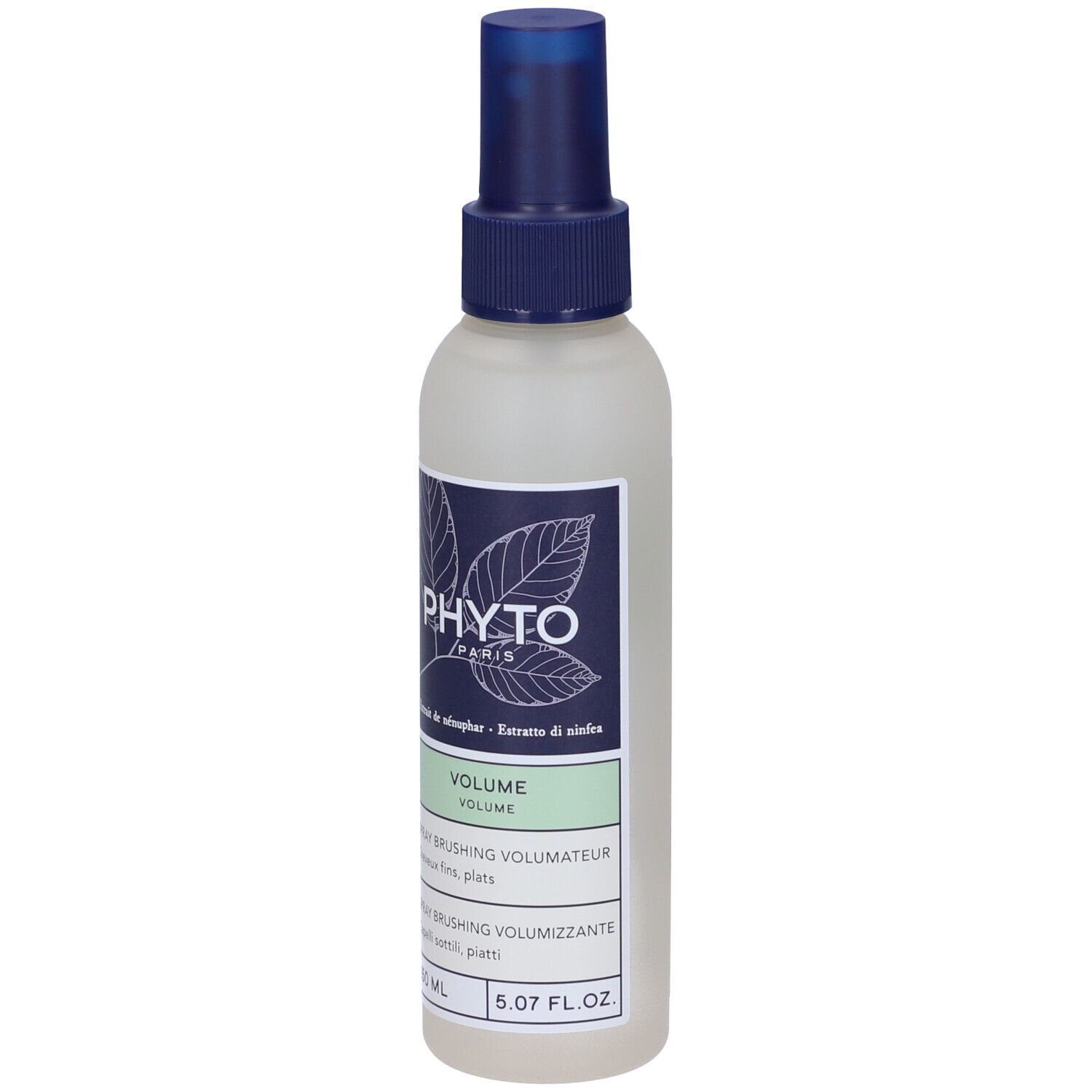 Flacone spray con erogatore blu. Scritta: PHYT, VOLUME, Spray brushing volumateur. 150 ml.