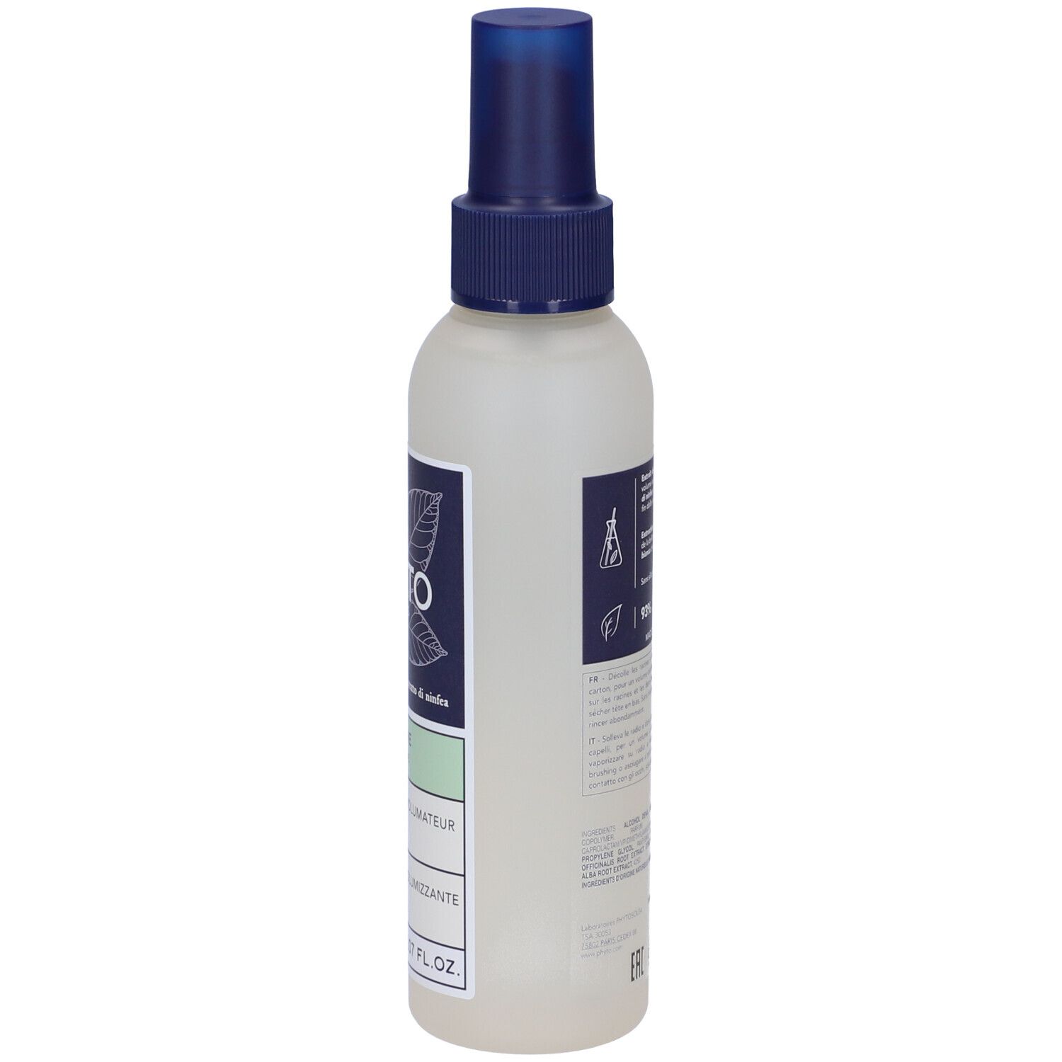 Flacone spray, vista laterale. Scritta: PHYT, VOLUME, Spray brushing volumateur. Etichetta con informazioni.