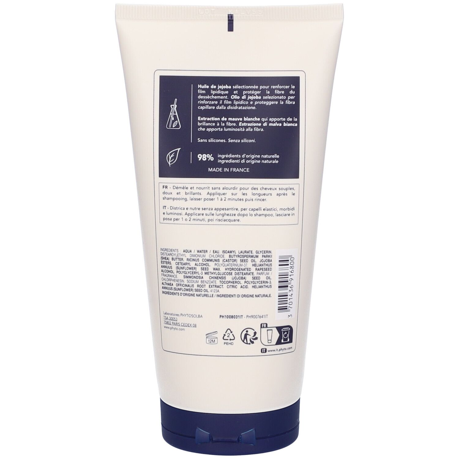 Retro del tubo di crema. Testo: ingredienti, istruzioni per l'uso, 98% ingredienti di origine naturale.