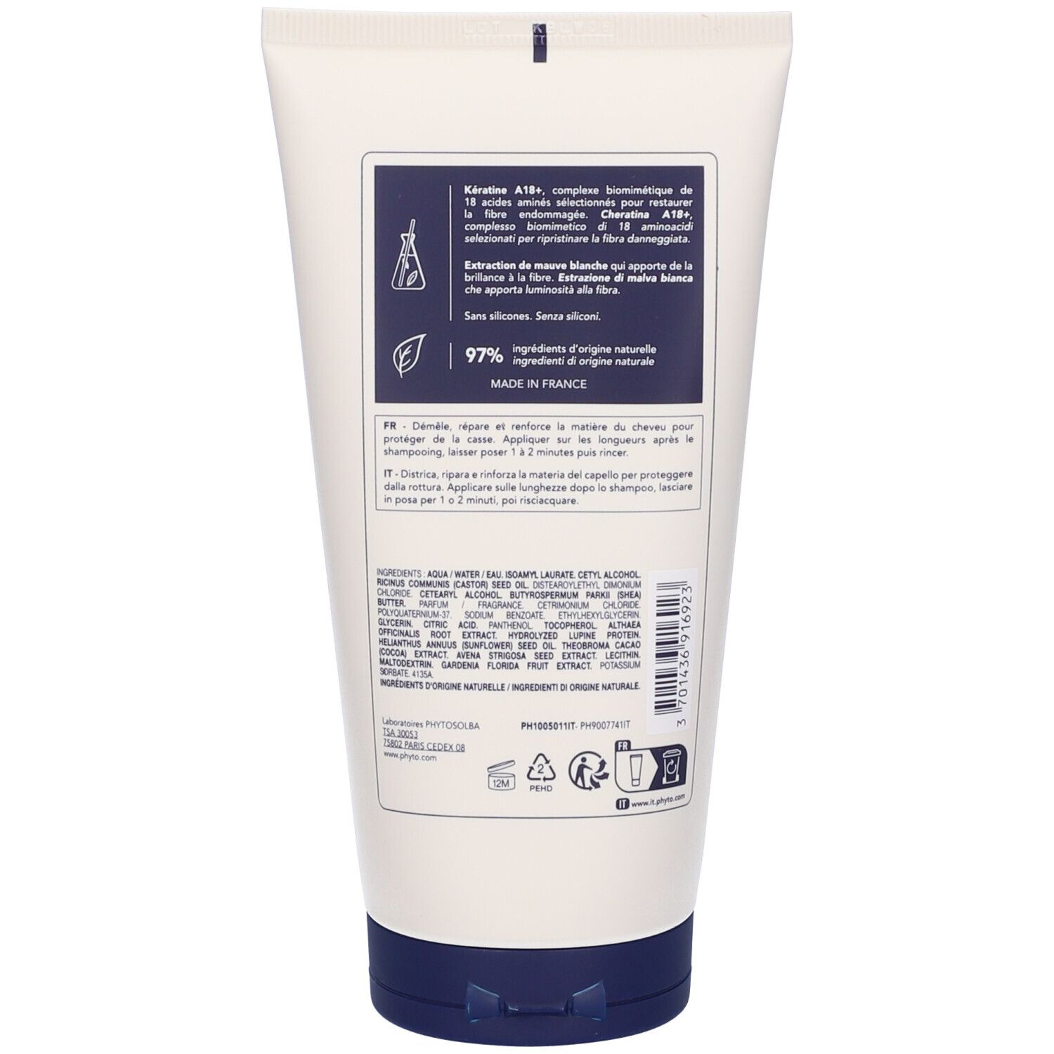 Retro del tubo di crema. Testo: Ingredienti, 97% ingredienti di origine naturale. Fatto in Francia.