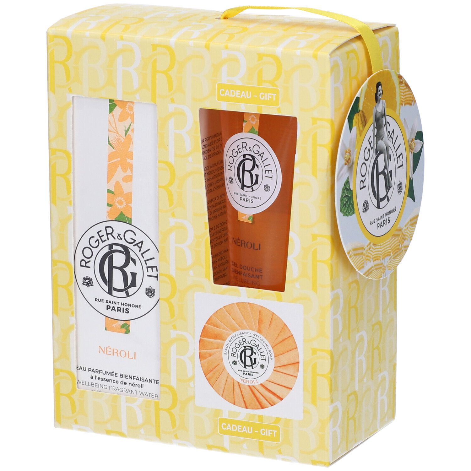 Set regalo con confezione gialla. Contiene una bottiglia, un tubetto e un sapone. Marchio Roger & Gallet.