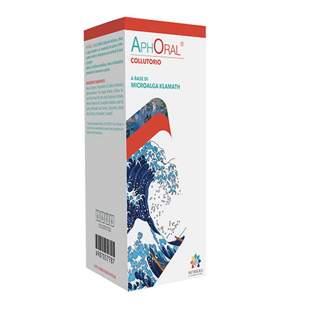 Confezione di Aphoral Collutorio. Bianca, con grafica rossa e blu. Testo: Aphoral Collutorio, A BASE DI MICROALGA KLAMATH.