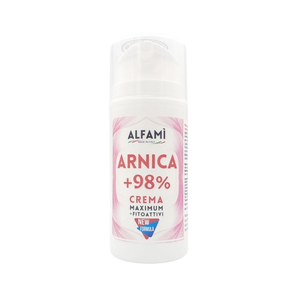 Flacone bianco con etichetta rosa. Testo: ALFAMi, ARNICA +98%, CREMA, MAXIMUM, FITOATTIVI. Tappo trasparente.