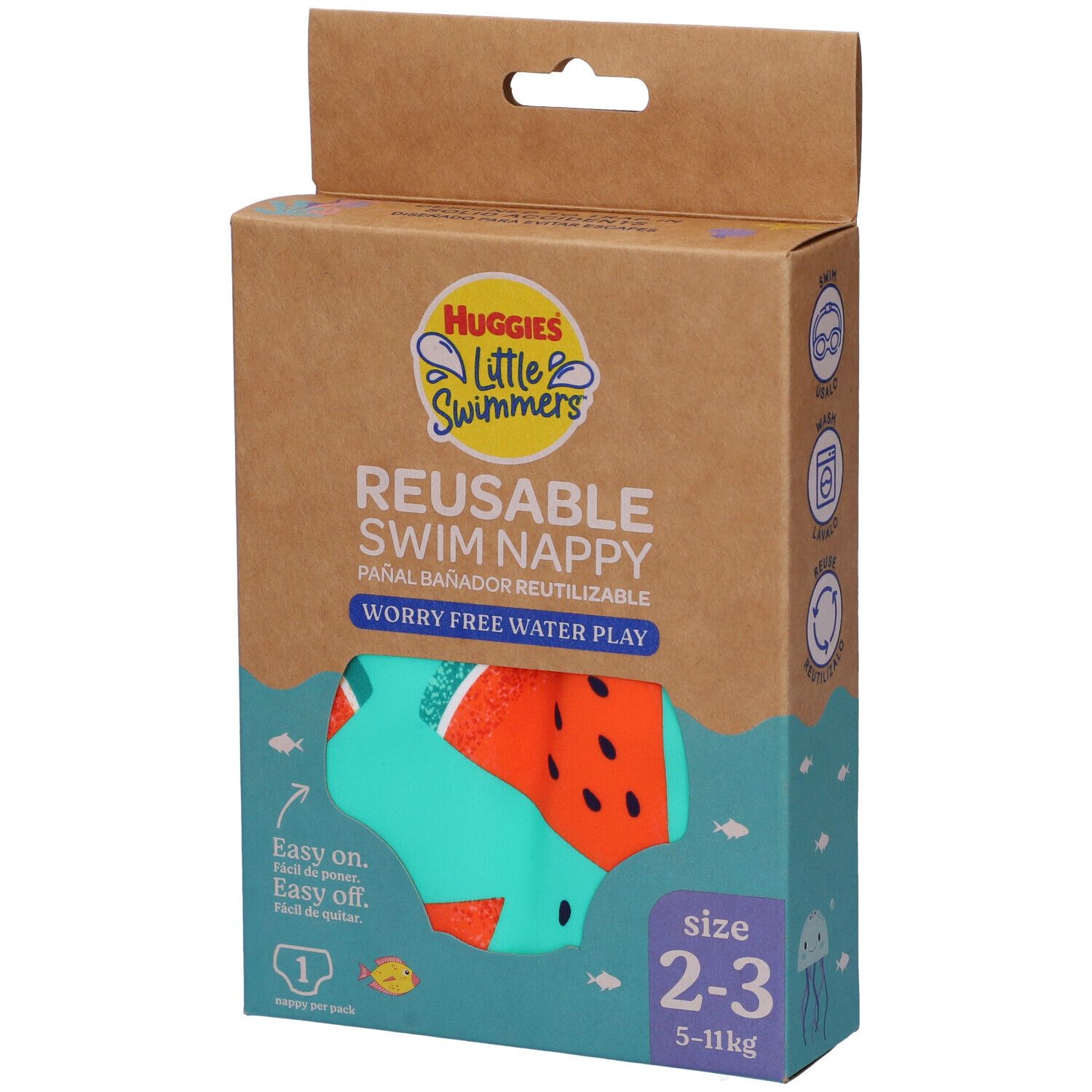 Confezione di pannolini da bagno riutilizzabili Huggies Little Swimmers, taglia 2-3. Colore turchese con stampa anguria. Peso: 5-11kg.