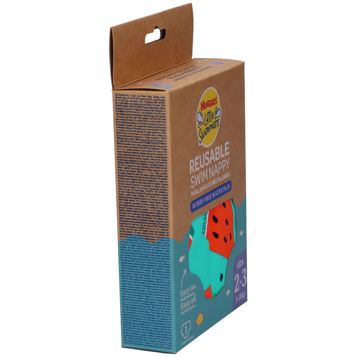 Confezione di pannolini da bagno riutilizzabili Huggies Little Swimmers. Vista laterale. Taglia 2-3, peso 5-11kg.
