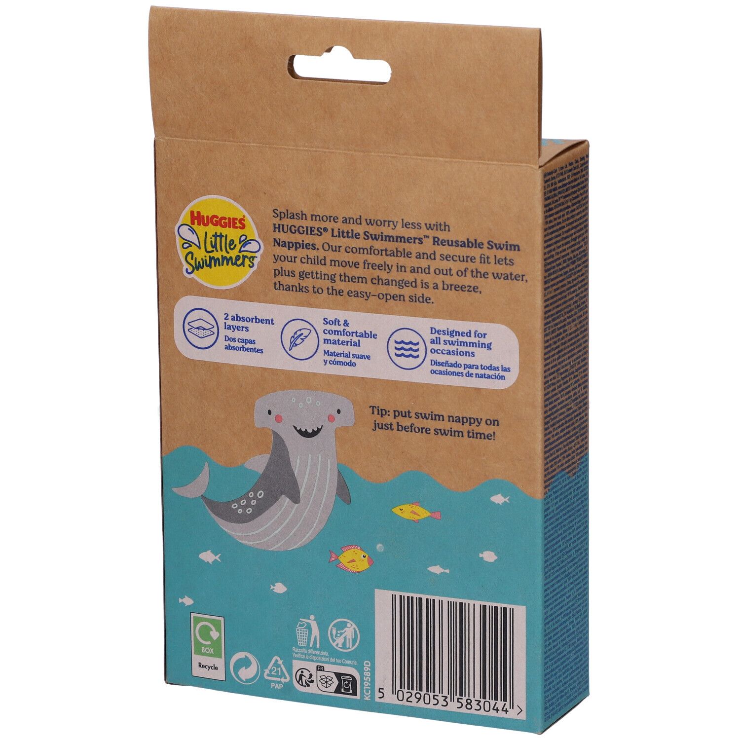 Retro della confezione di pannolini da bagno Huggies Little Swimmers. Informazioni e istruzioni. Taglia 2-3.