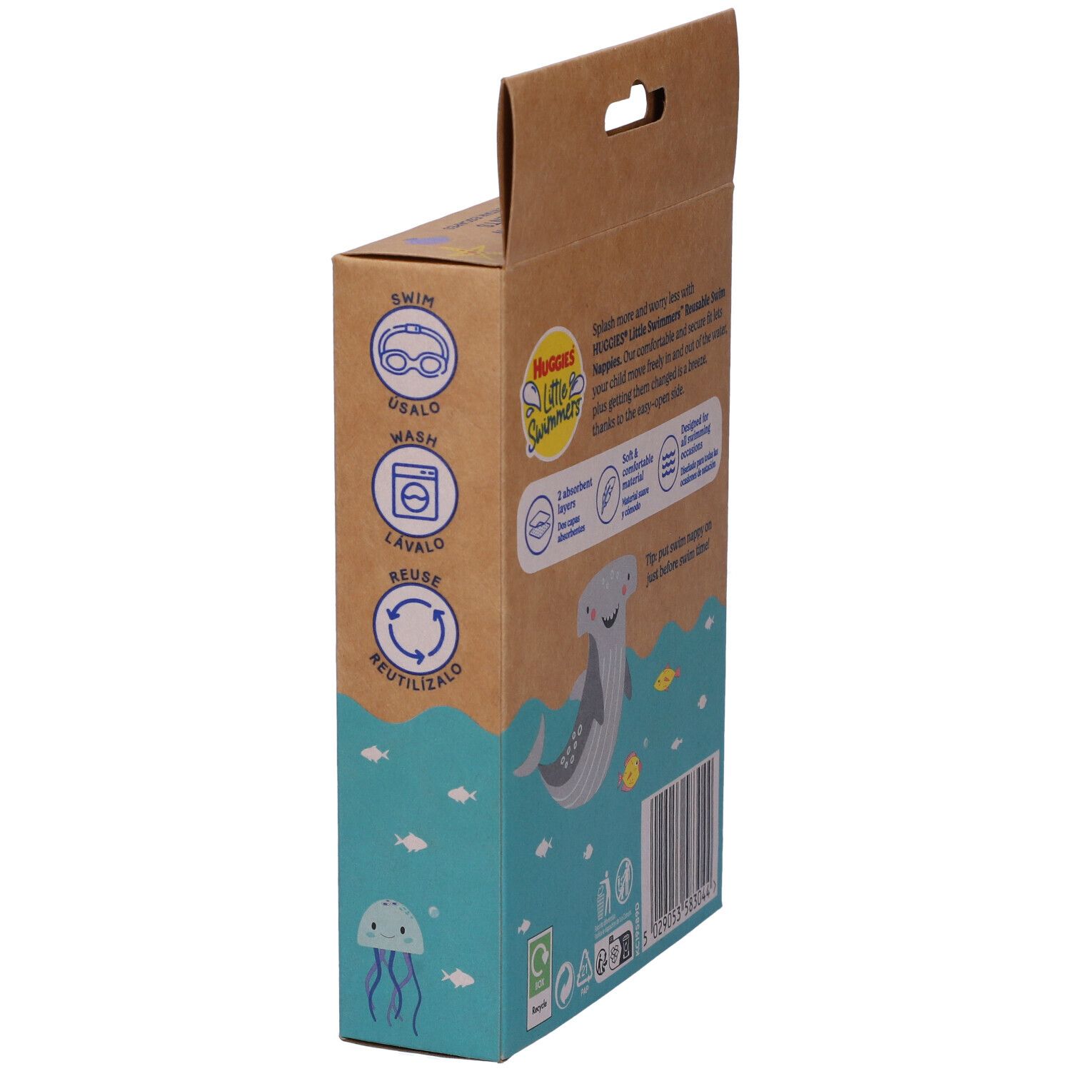 Lato della confezione di pannolini da bagno Huggies Little Swimmers. Simboli di lavaggio e riutilizzo. Taglia 2-3.
