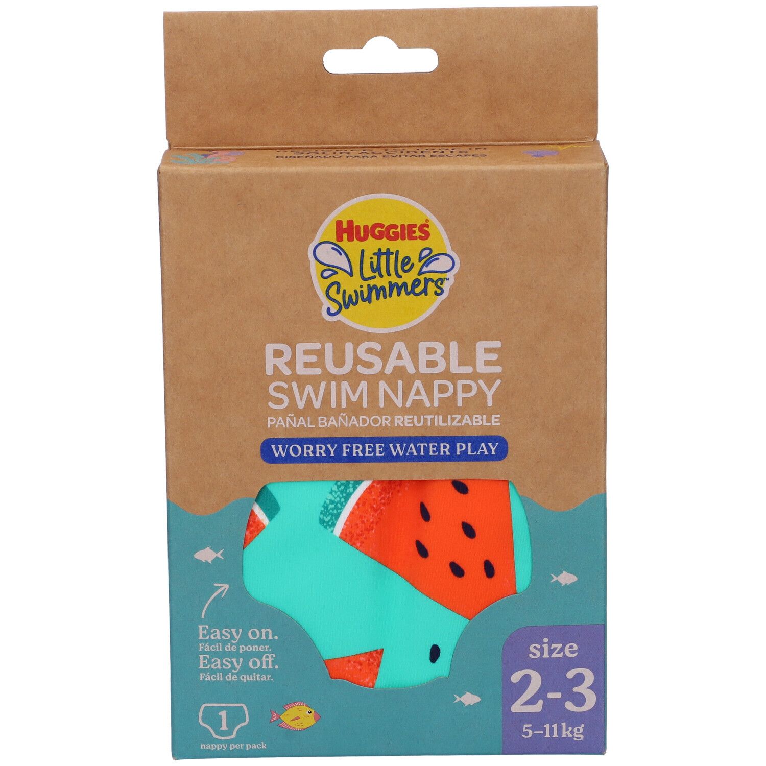 Confezione di pannolini da bagno riutilizzabili Huggies Little Swimmers, taglia 2-3. Colore turchese con stampa anguria. Peso: 5-11kg.