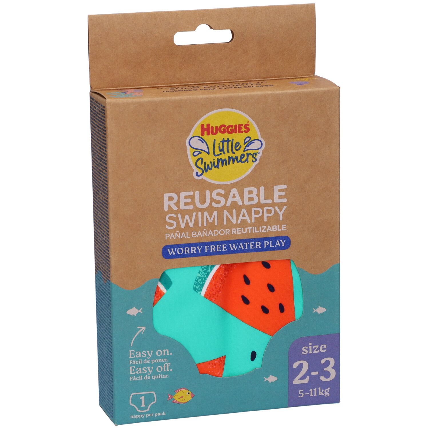 Confezione di pannolini da bagno riutilizzabili Huggies Little Swimmers, taglia 2-3. Colore turchese con stampa anguria. Peso: 5-11kg.