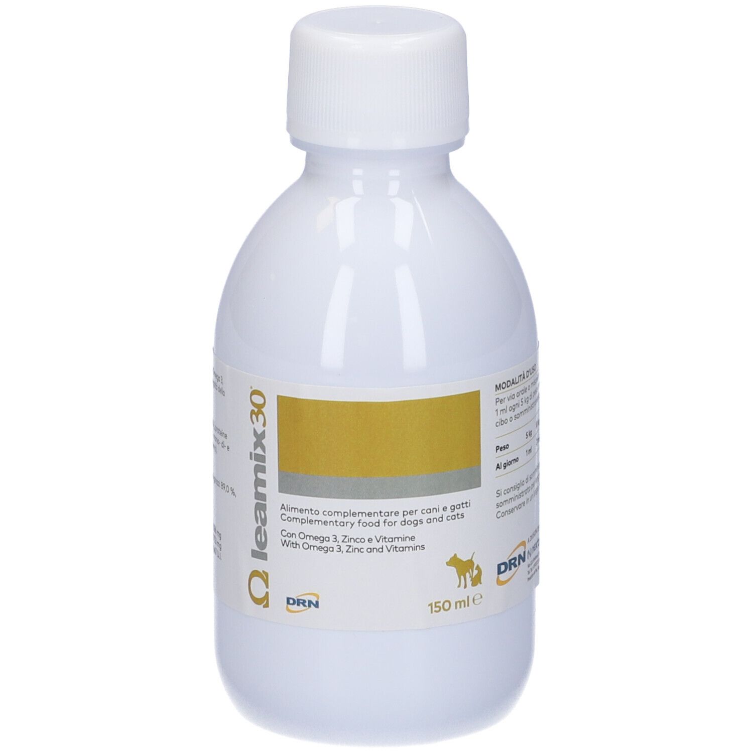 Bottiglia bianca Leamix 30. Area dorata con testo. Alimento complementare per cani e gatti. 150 ml. Tappo bianco.