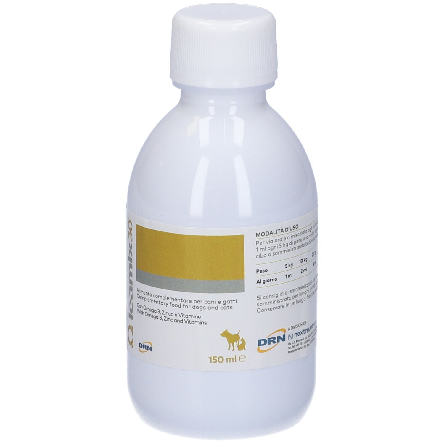 Bottiglia Leamix 30. Testo: Alimento complementare per cani e gatti. Dosaggio. 150 ml. Sfondo bianco.