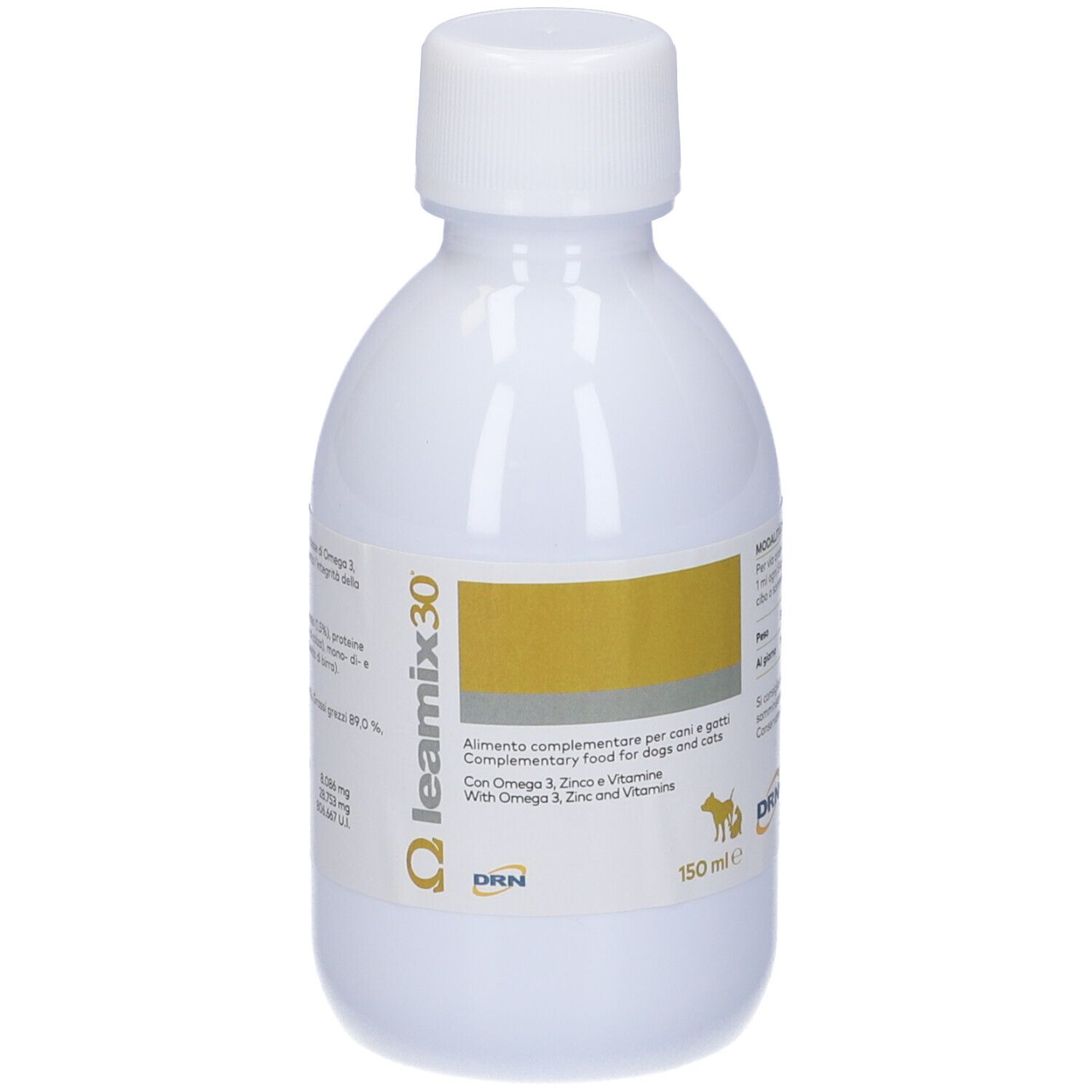 Bottiglia Leamix 30. Testo: Alimento complementare per cani e gatti. 150 ml. Sfondo bianco.