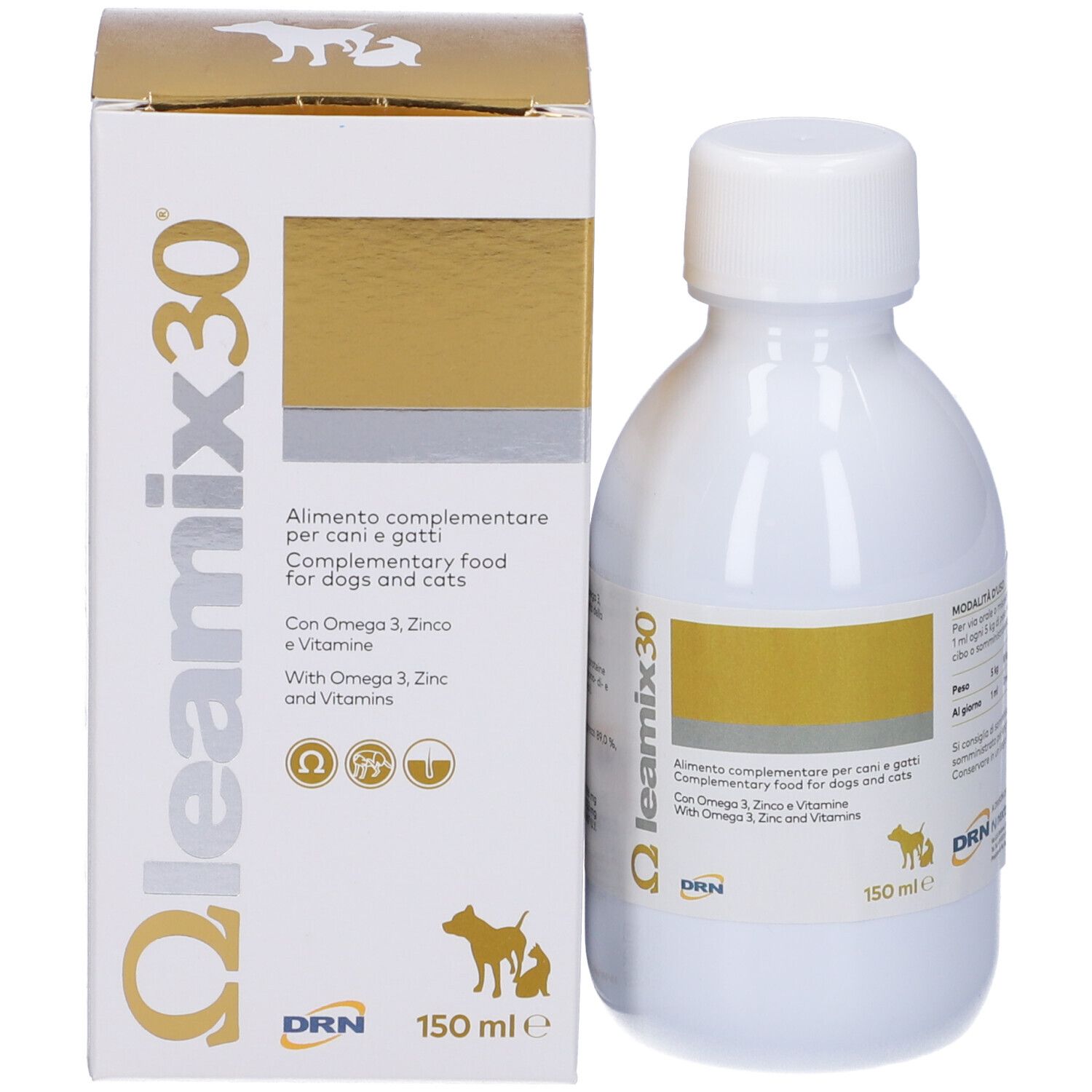 Bottiglia e confezione Leamix 30. Alimento complementare per cani e gatti. 150 ml. Sfondo bianco.