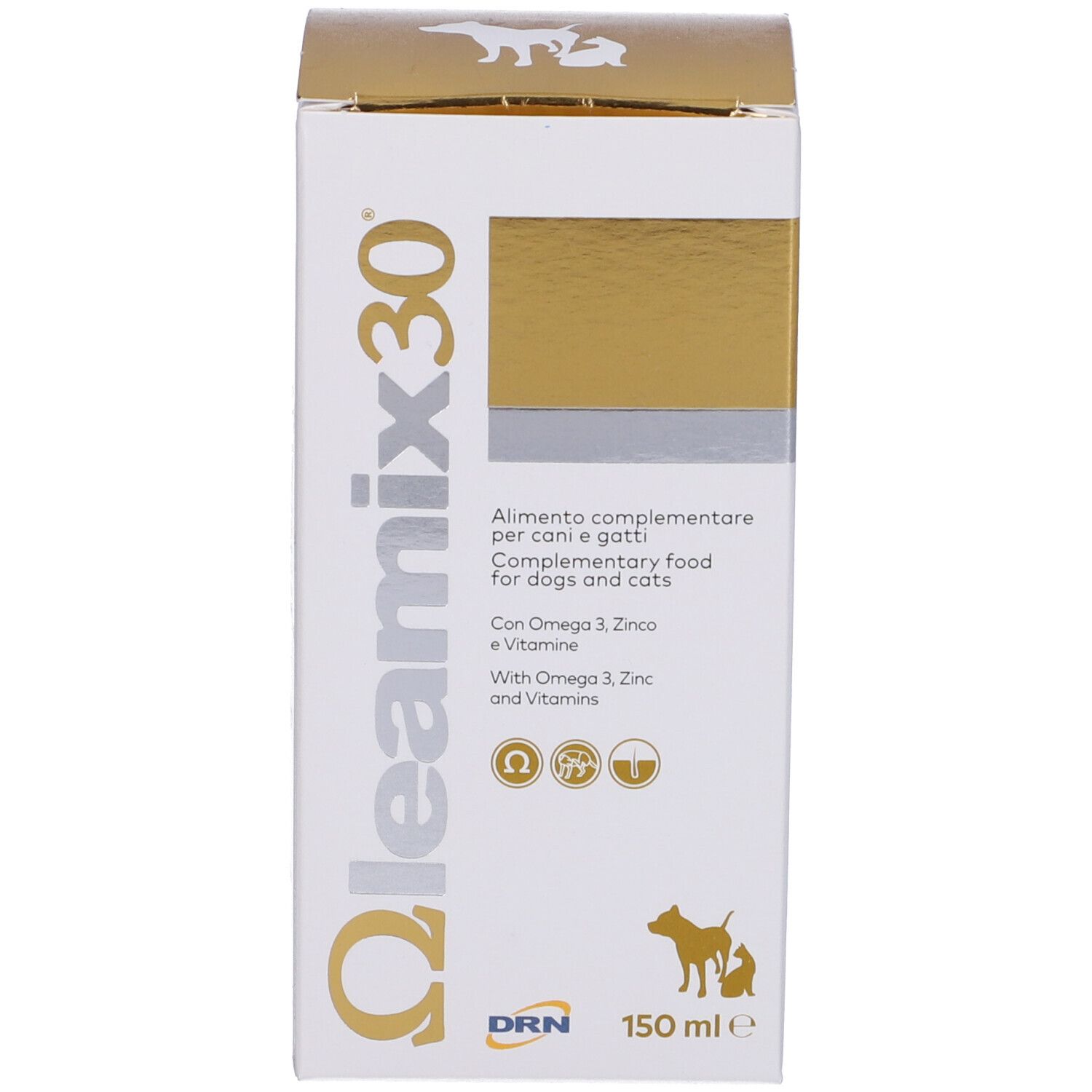 Confezione Leamix 30. Alimento complementare per cani e gatti. 150 ml. Sfondo bianco.