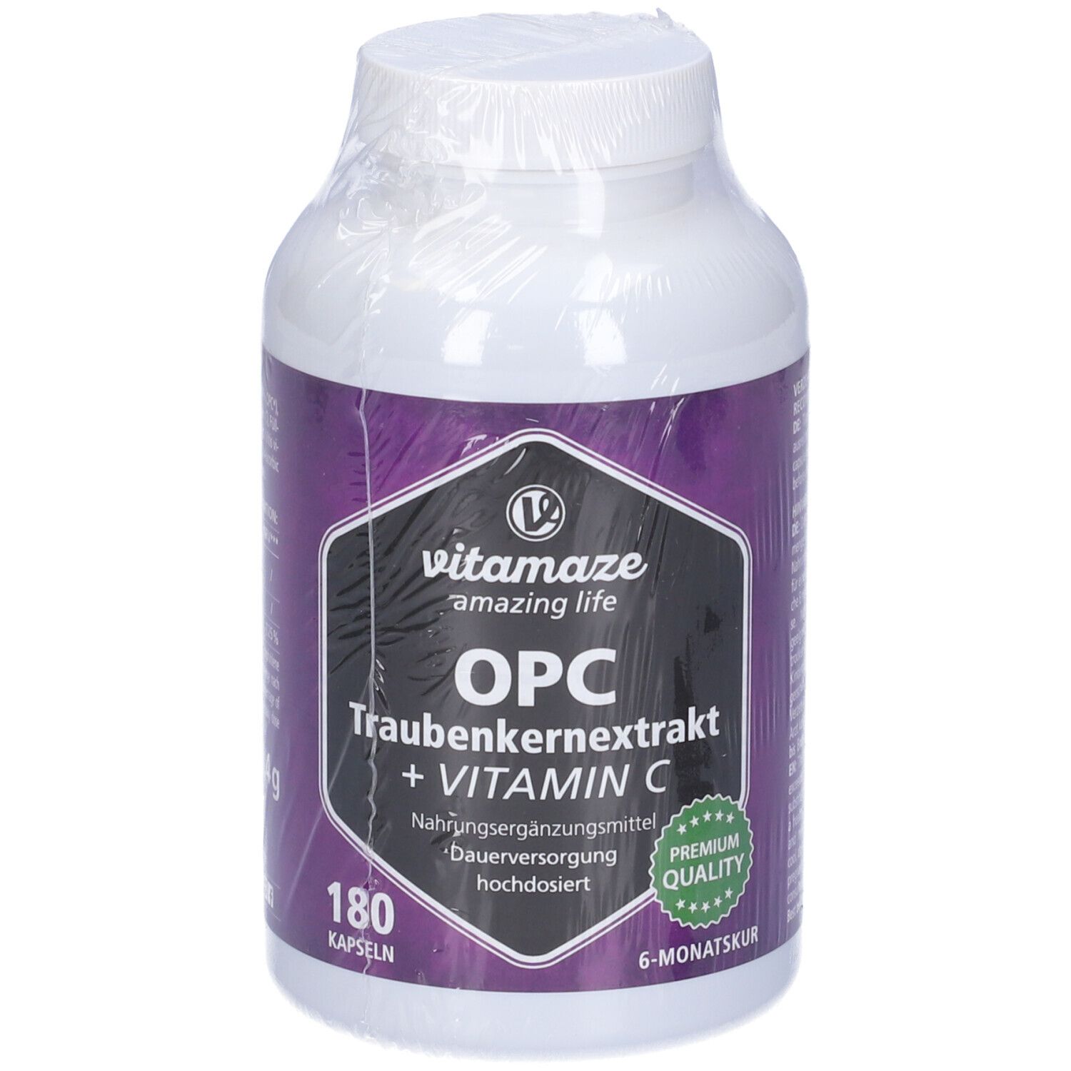 Flacone bianco con etichetta viola. Scritta: Vitamaze OPC Estratto di semi d'uva + Vitamina C. 180 capsule.