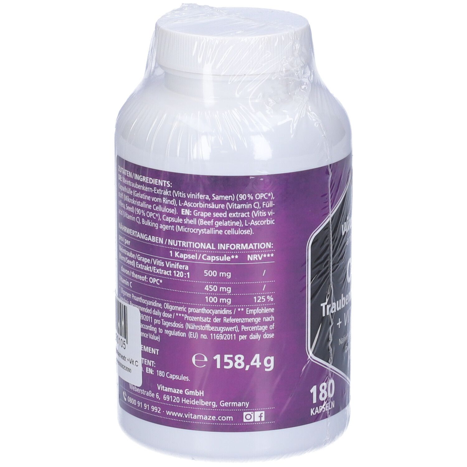 Retro del flacone con ingredienti e informazioni nutrizionali. Scritta: Vitamaze OPC Estratto di semi d'uva + Vitamina C.