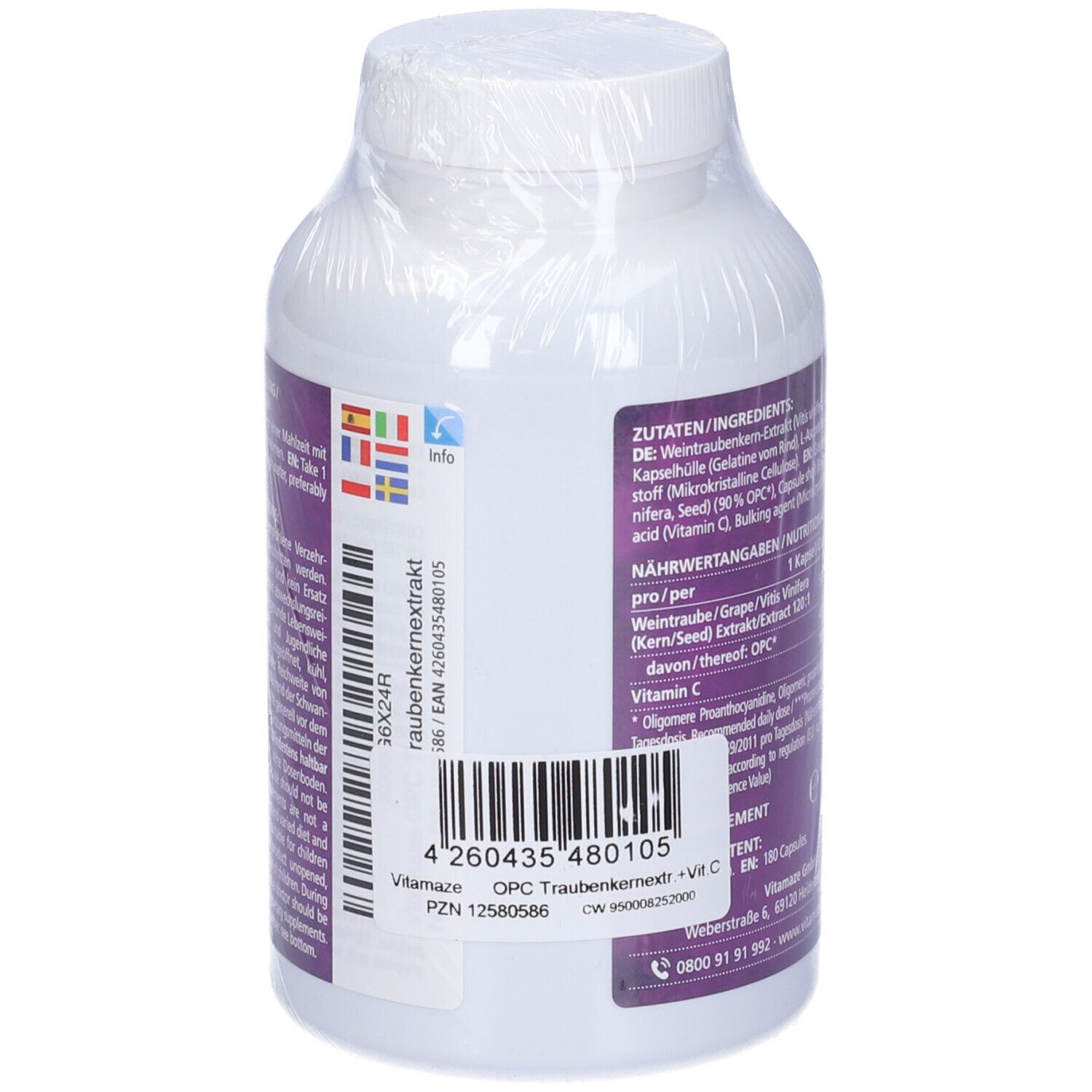 Flacone con etichetta, codice a barre e ingredienti. Scritta: Vitamaze OPC Estratto di semi d'uva + Vit C. PZN 12580586.