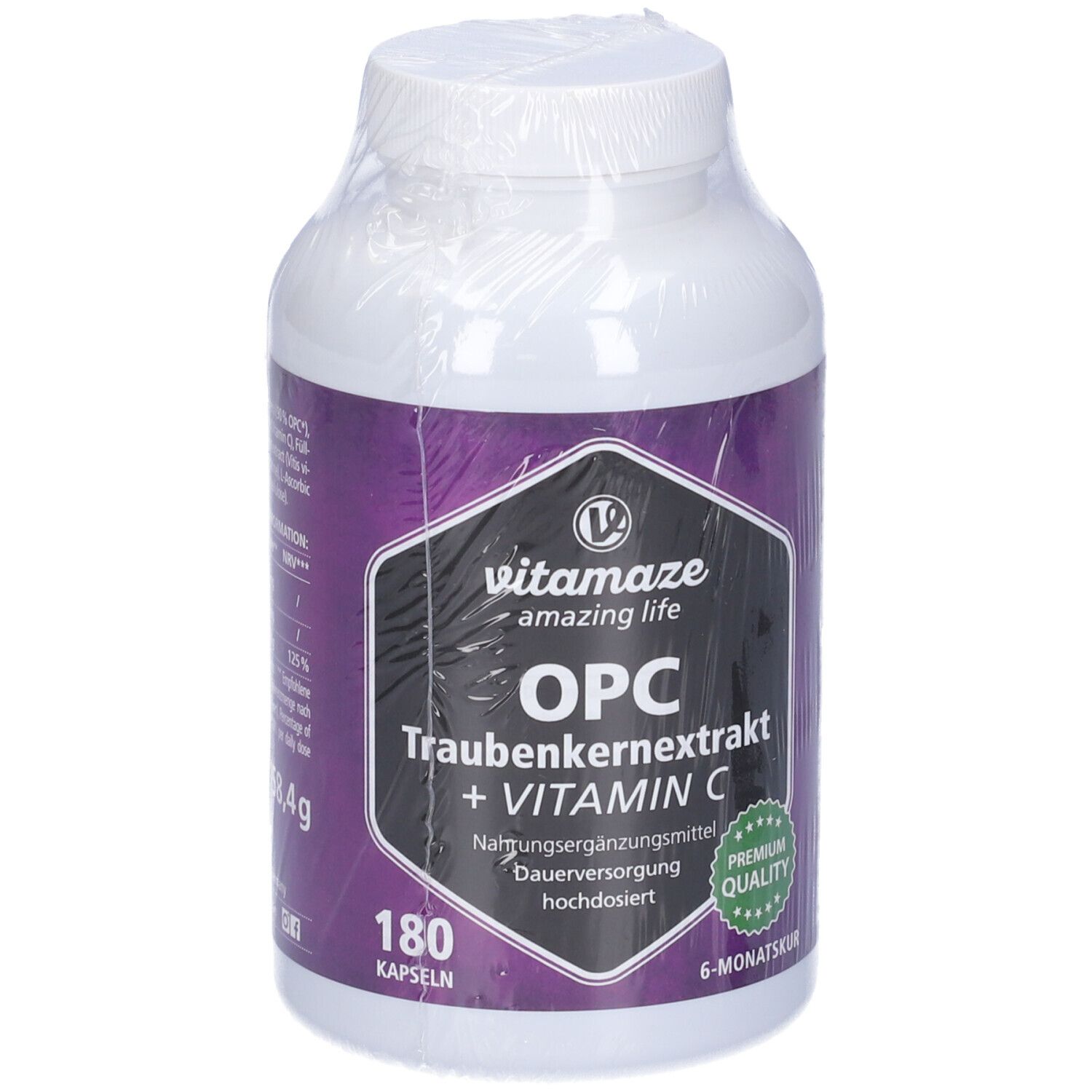 Flacone bianco con etichetta viola. Scritta: Vitamaze OPC Estratto di semi d'uva + Vitamina C. 180 capsule.