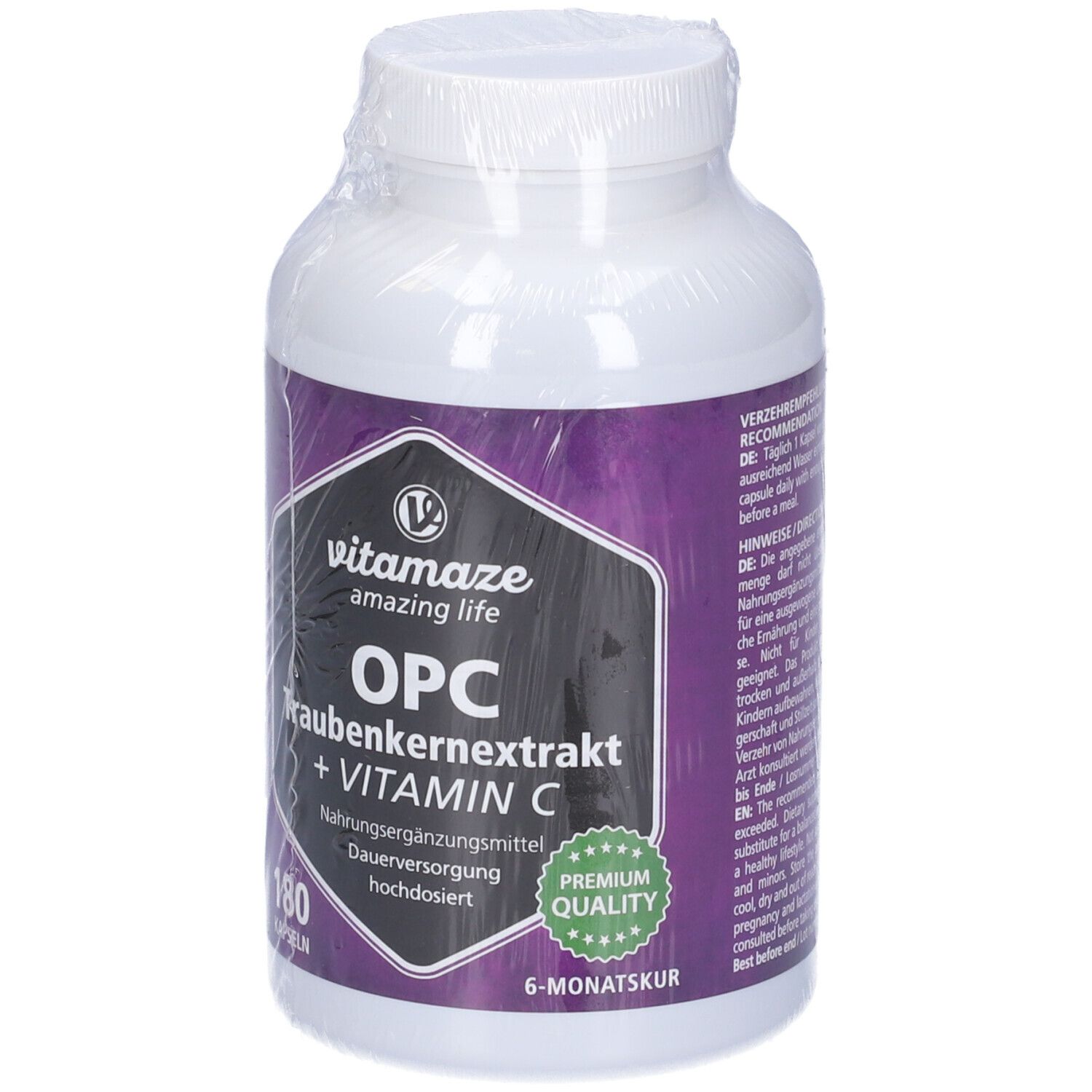 Flacone bianco con etichetta viola. Scritta: Vitamaze OPC Estratto di semi d'uva + Vitamina C. 180 capsule.