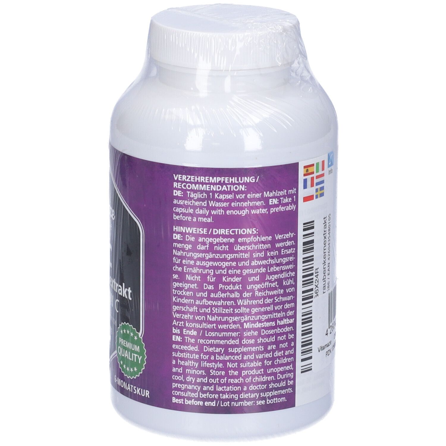 Retro del flacone con istruzioni per l'uso. Scritta: Vitamaze OPC Estratto di semi d'uva + Vitamina C. Cura di 6 mesi.