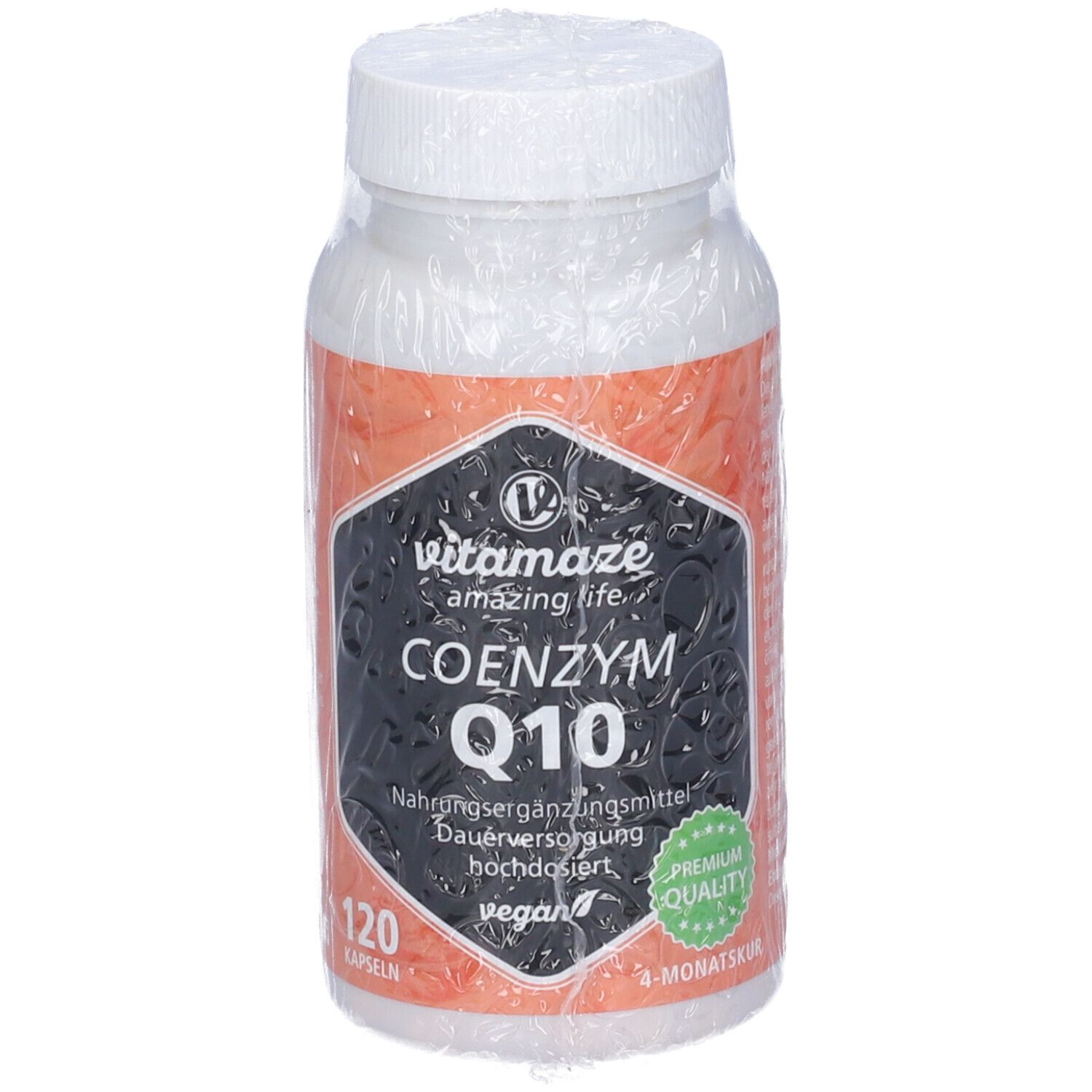 Flacone di Vitamaze Coenzima Q10 confezionato. Etichetta nera con nome del prodotto, 120 capsule. Sigillo vegano e qualità premium.