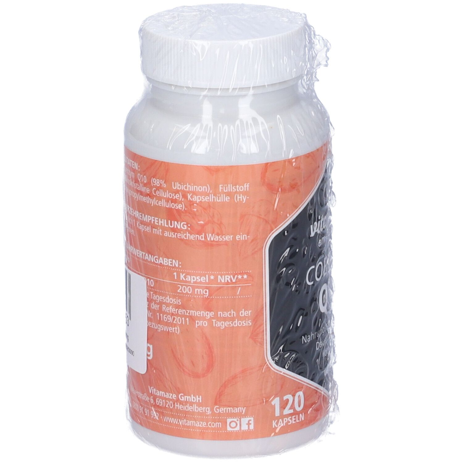 Retro del flacone Vitamaze Coenzima Q10. Contiene elenco ingredienti, dosaggio e informazioni produttore. 120 capsule.