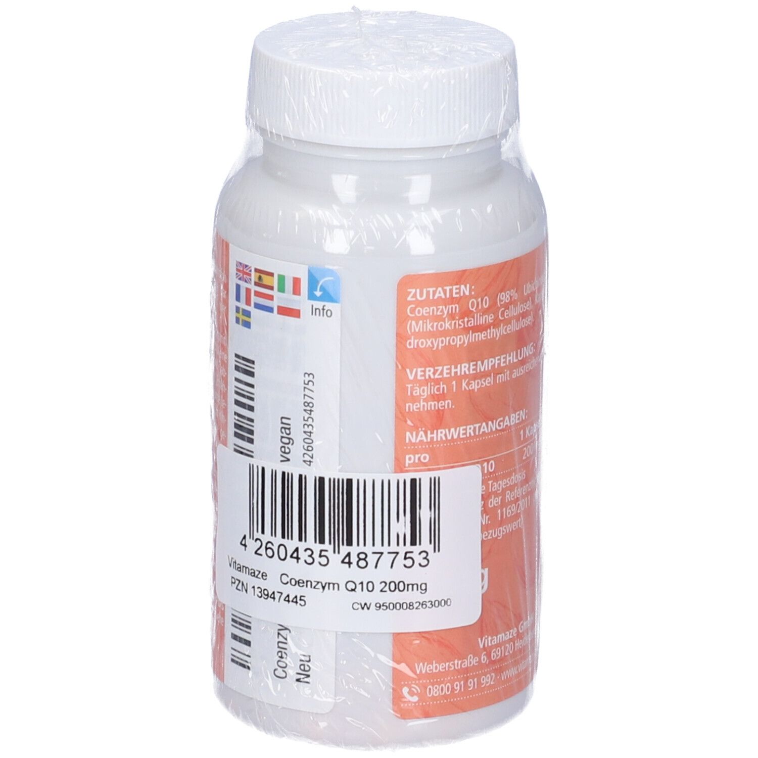 Retro del flacone Vitamaze Coenzima Q10. Codice a barre, ingredienti, informazioni nutrizionali, indirizzo produttore. Sigillo vegano.