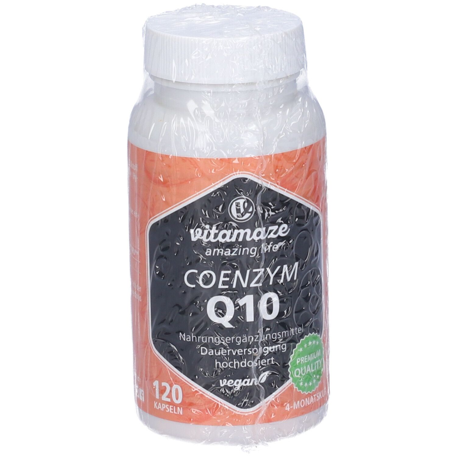 Flacone di Vitamaze Coenzima Q10 confezionato. Etichetta nera con nome del prodotto, 120 capsule. Sigillo vegano e qualità premium.