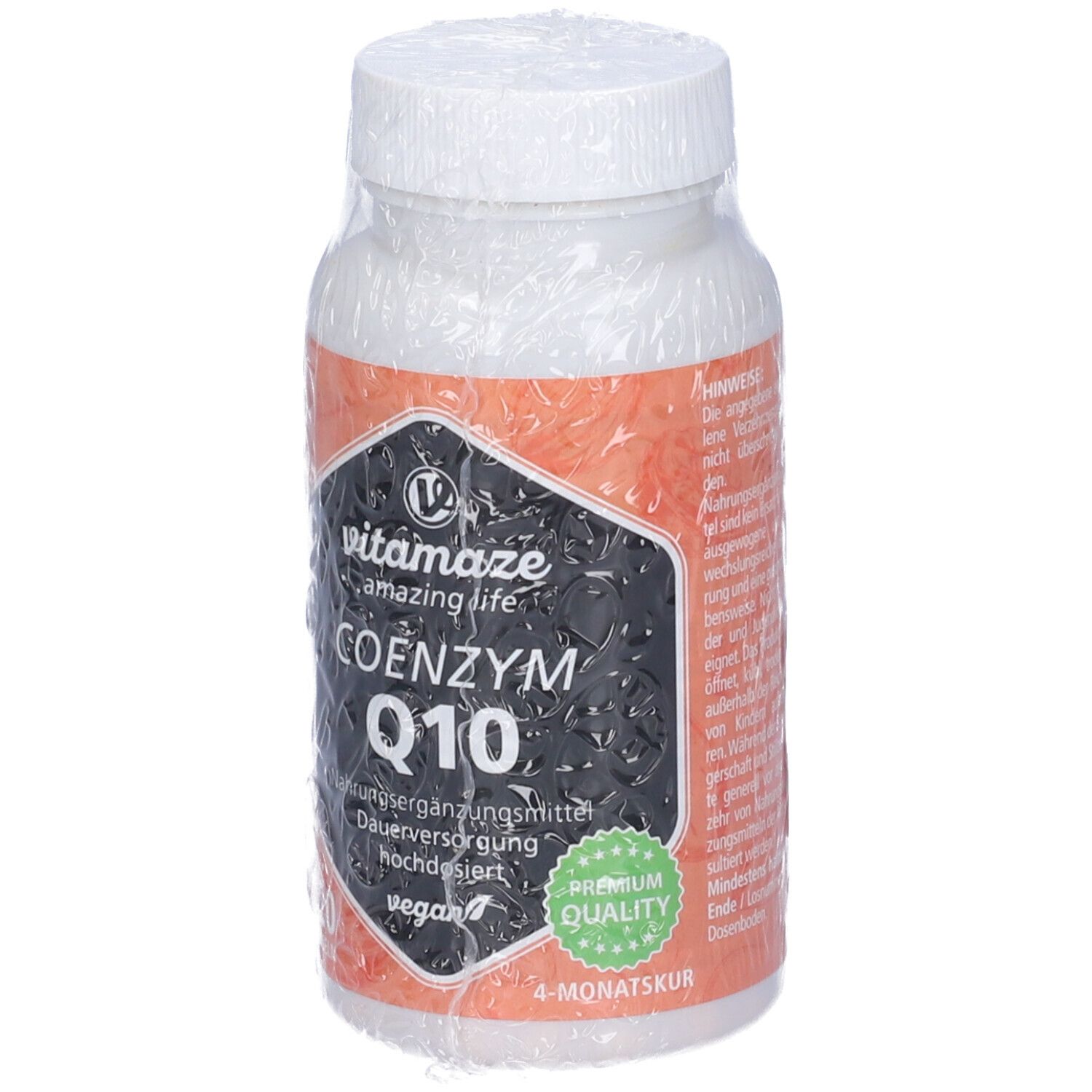 Flacone di Vitamaze Coenzima Q10 confezionato. Etichetta nera con nome del prodotto, 120 capsule. Sigillo vegano e qualità premium.