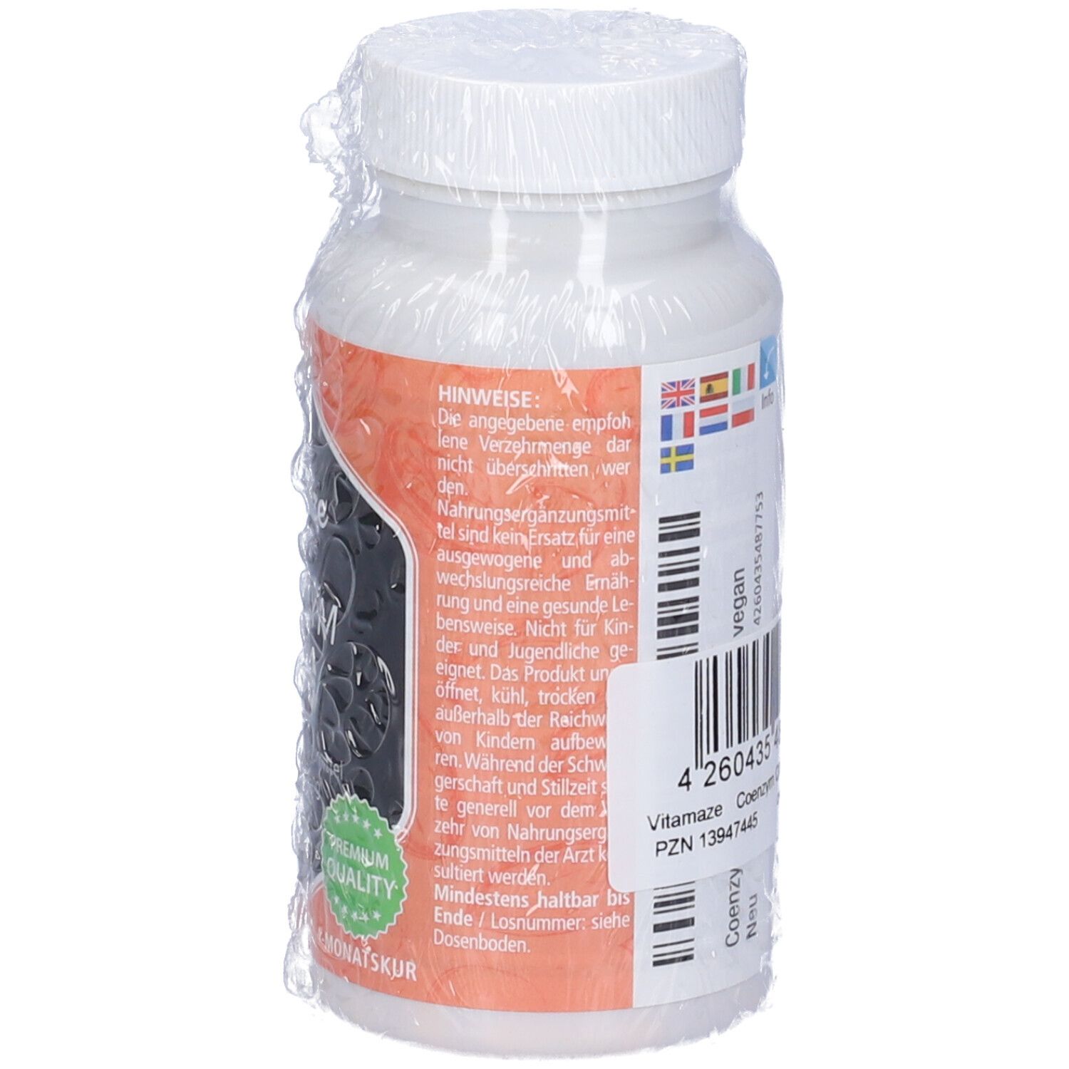 Retro del flacone Vitamaze Coenzima Q10. Contiene avvertenze, ingredienti, codice a barre, informazioni produttore. Sigillo vegano.