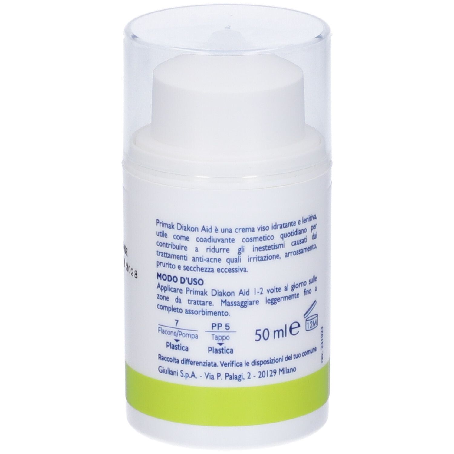 Flacone bianco con dosatore e coperchio trasparente. Retro con testo e linea verde. Scritta: 50 ml. Logo Giuliani.
