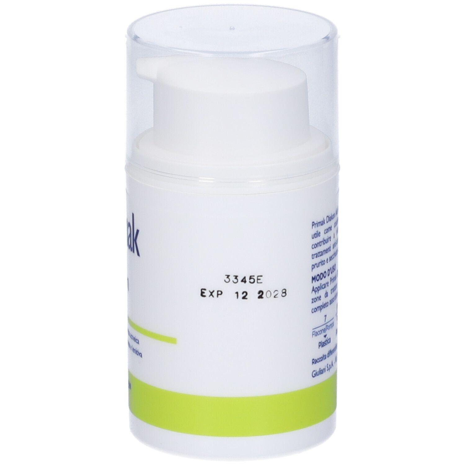 Flacone bianco con dosatore e coperchio trasparente. Scritta: EXP 12 2023. Logo Giuliani.