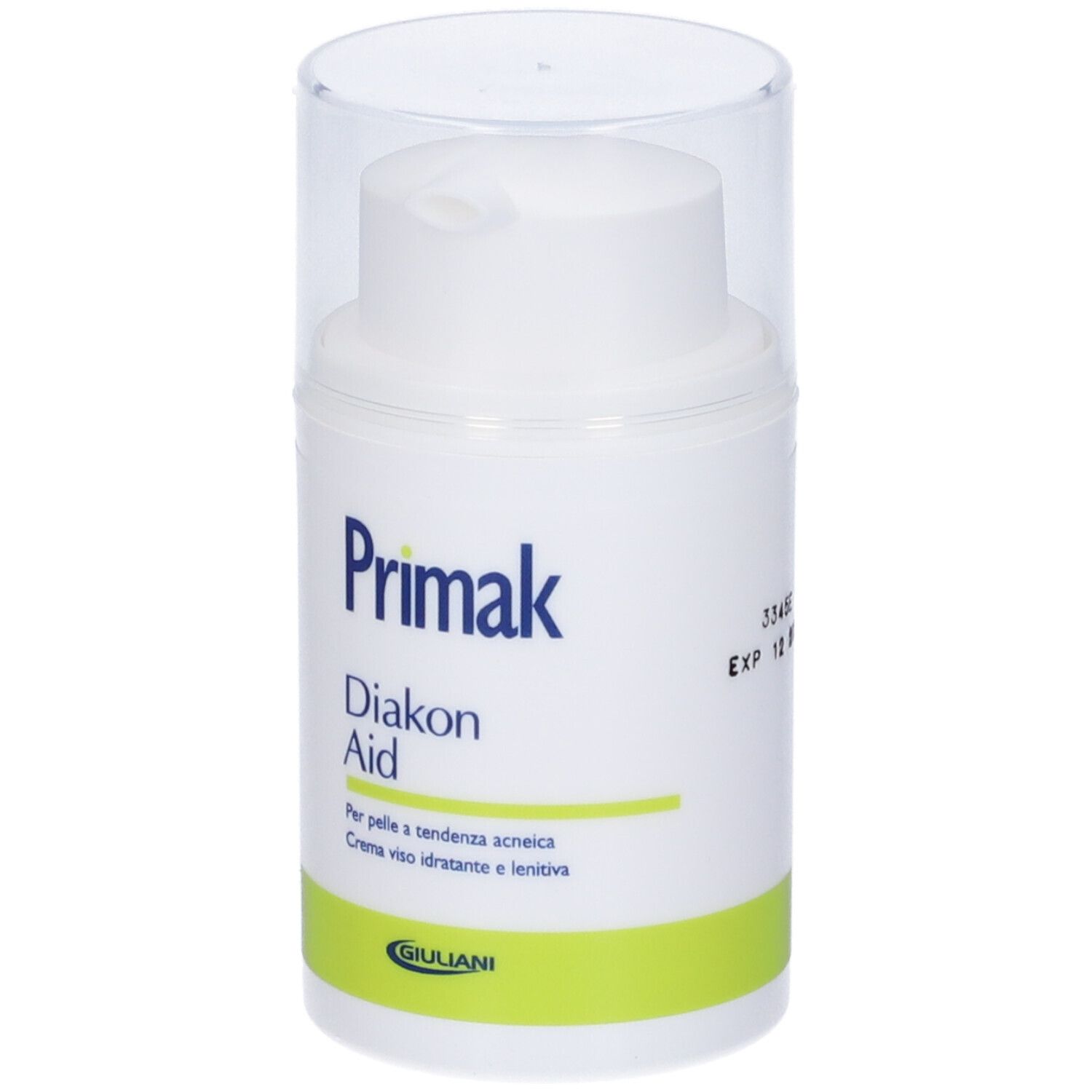 Flacone bianco con dosatore e coperchio trasparente. Scritta: Primak Diakon Aid. Scritta verde e bianca. Logo Giuliani.