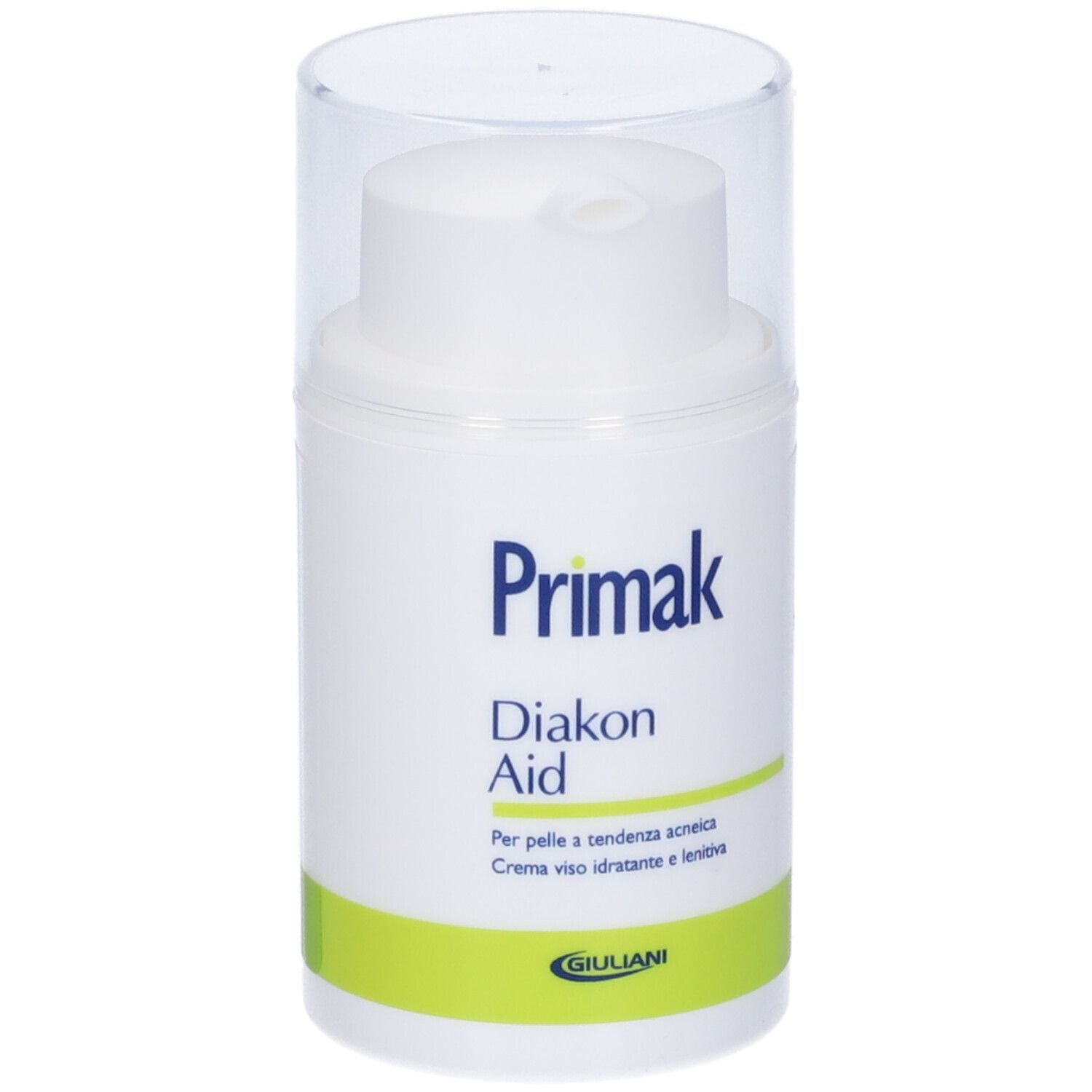 Flacone bianco con dosatore e coperchio trasparente. Scritta: Primak Diakon Aid. Scritta verde e bianca. Logo Giuliani.