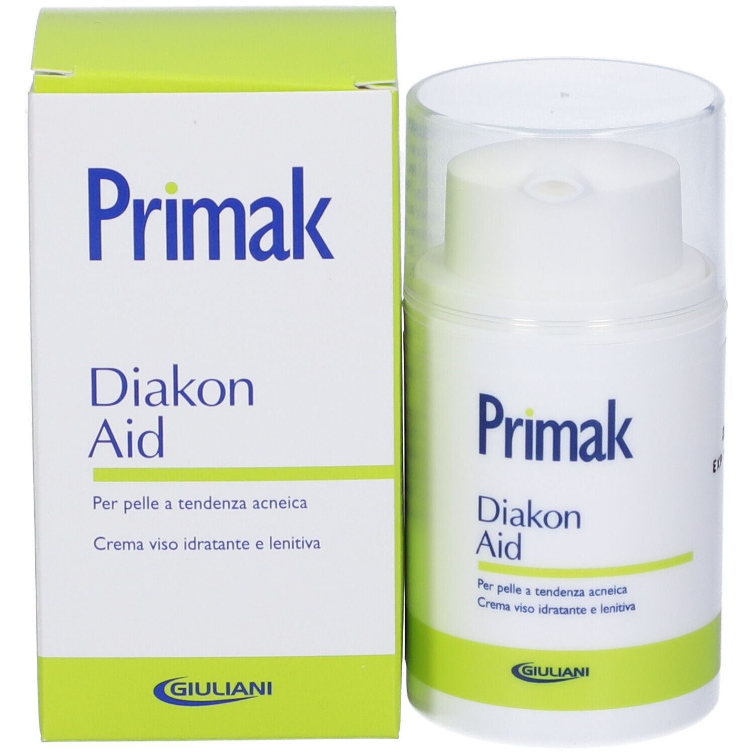 Confezione del prodotto: flacone bianco e scatola. Scritta: Primak Diakon Aid. Scritta verde e bianca. Logo Giuliani.