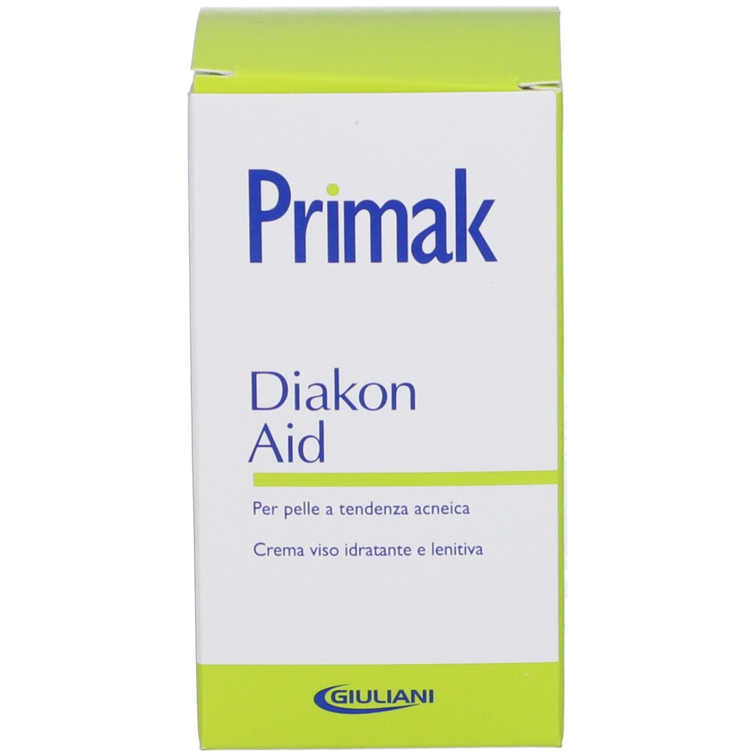 Confezione in cartone. Scritta: Primak Diakon Aid. Scritta verde e bianca. Logo Giuliani.