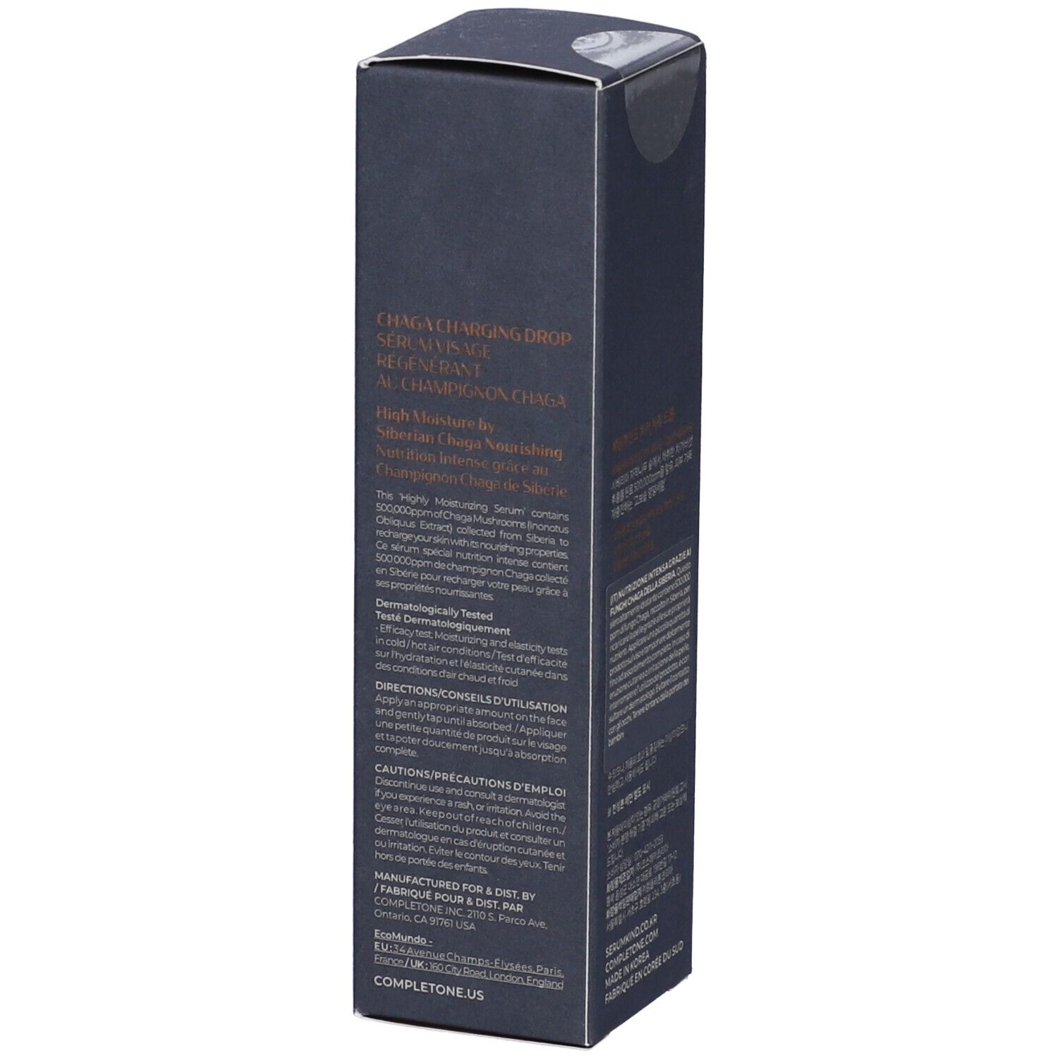 Confezione del prodotto grigio scuro con testo multilingue. Logo vegano e altri marchi visibili.