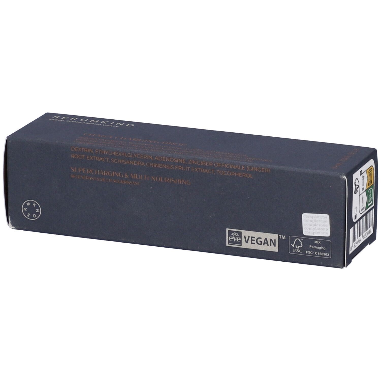 Confezione del prodotto grigio scuro con testo. Logo vegano e altri marchi visibili. La confezione è rettangolare.