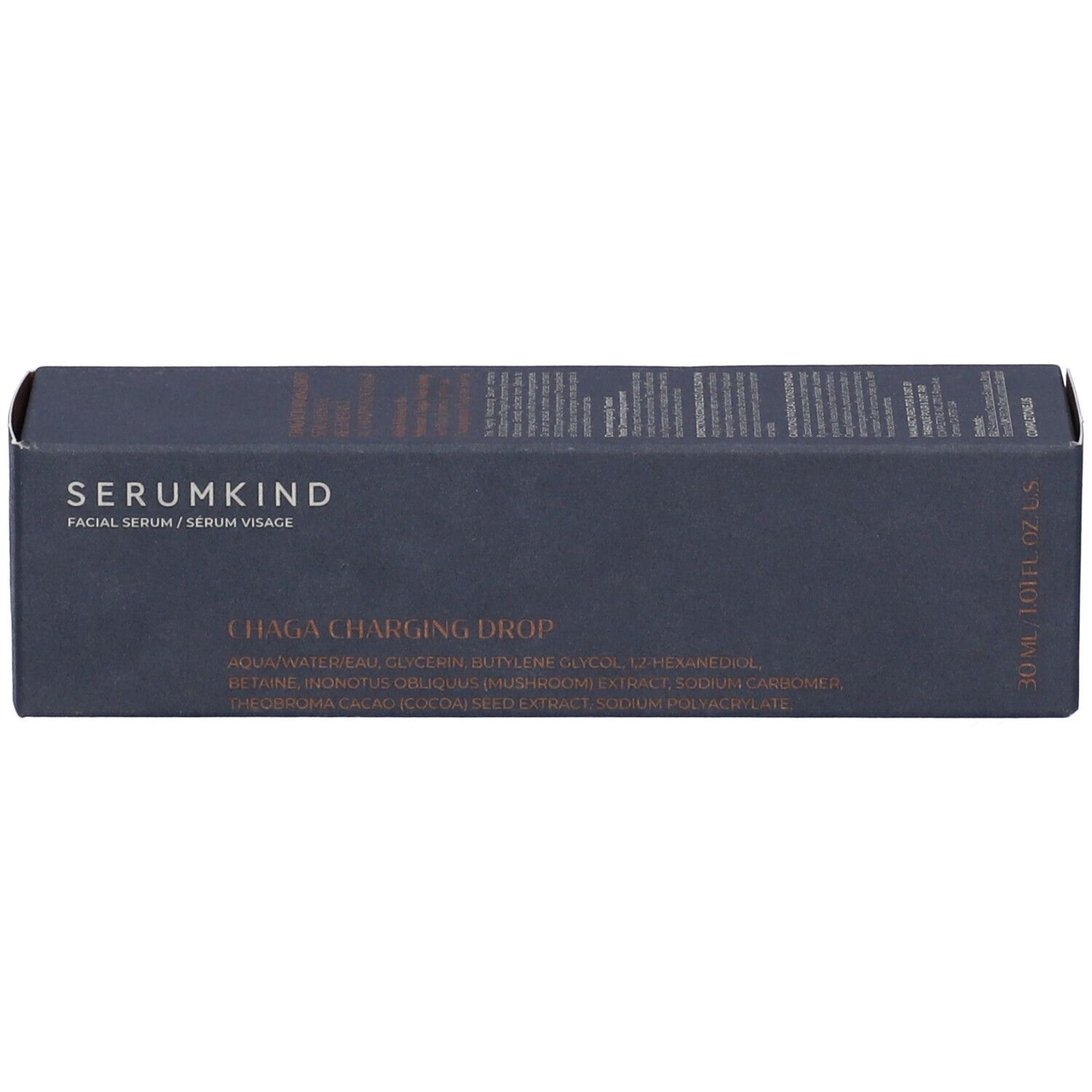 Confezione del prodotto grigio scuro con testo. Nome del prodotto e ingredienti visibili. La confezione è rettangolare.