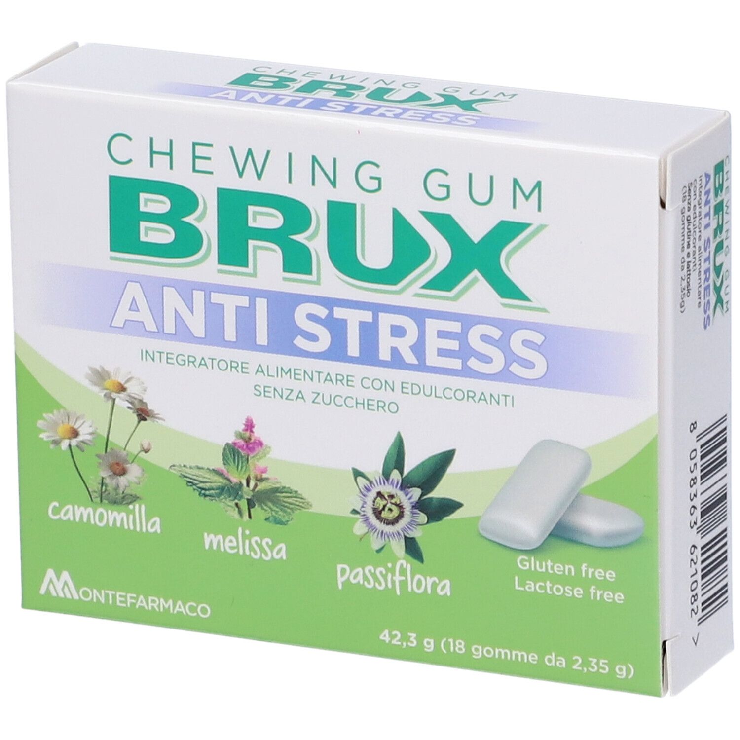 Packung Brux Antistress Kaugummi mit Abbildungen von Kamille, Melisse und Passionsblume.