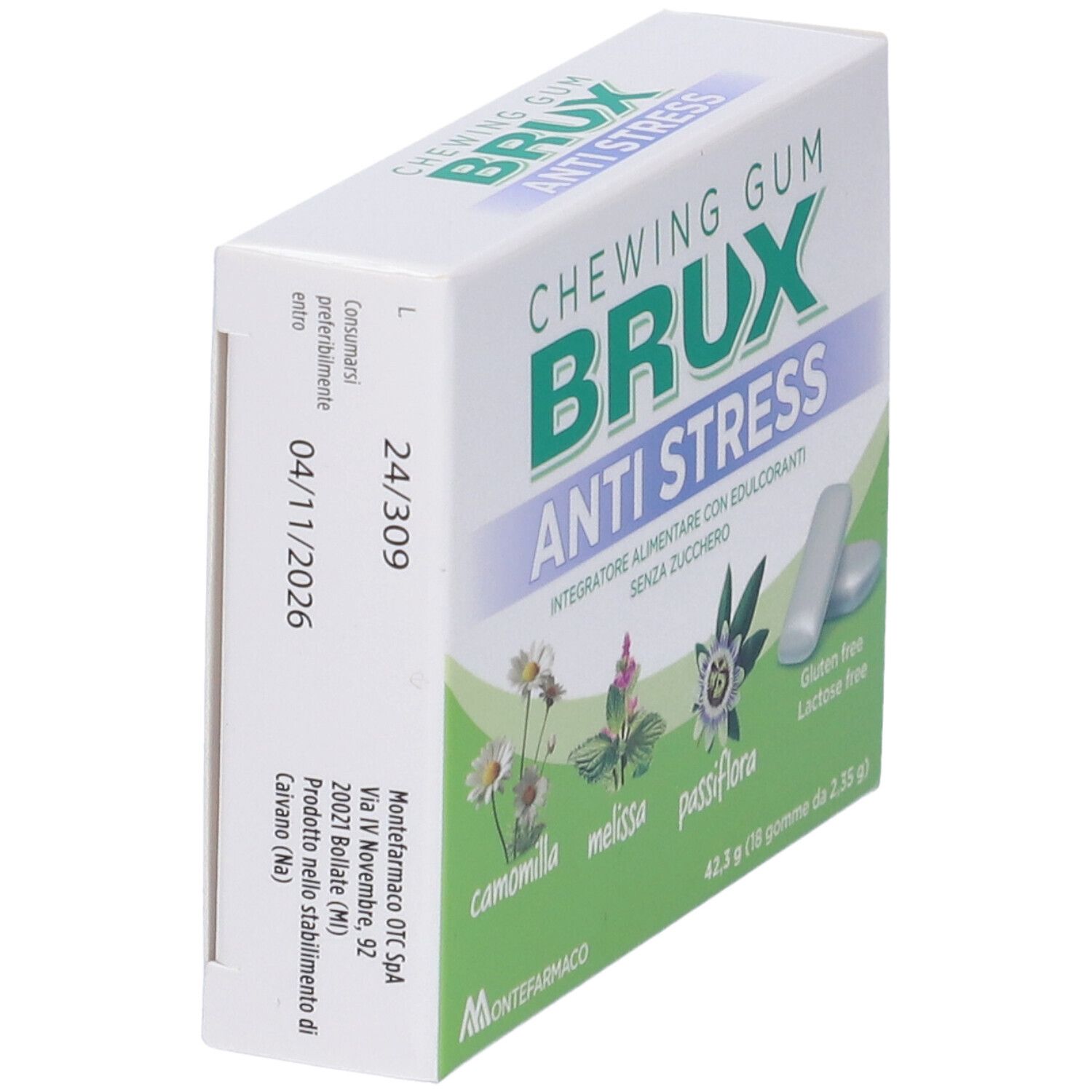 Rückseite einer Packung Brux Antistress Kaugummi mit Haltbarkeitsdatum und Herstellerinformationen.