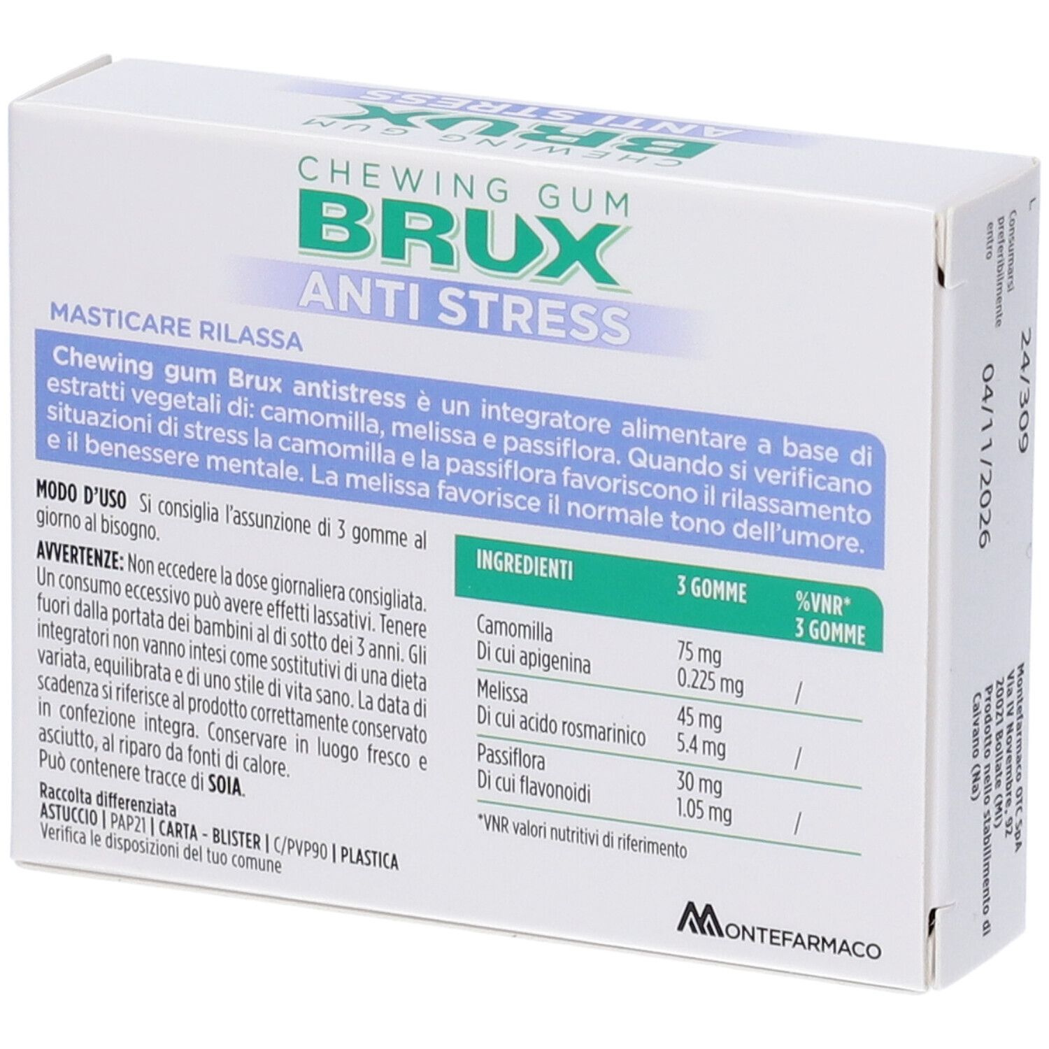 Rückseite einer Packung Brux Antistress Kaugummi mit Zutatenliste und Anwendungshinweisen.